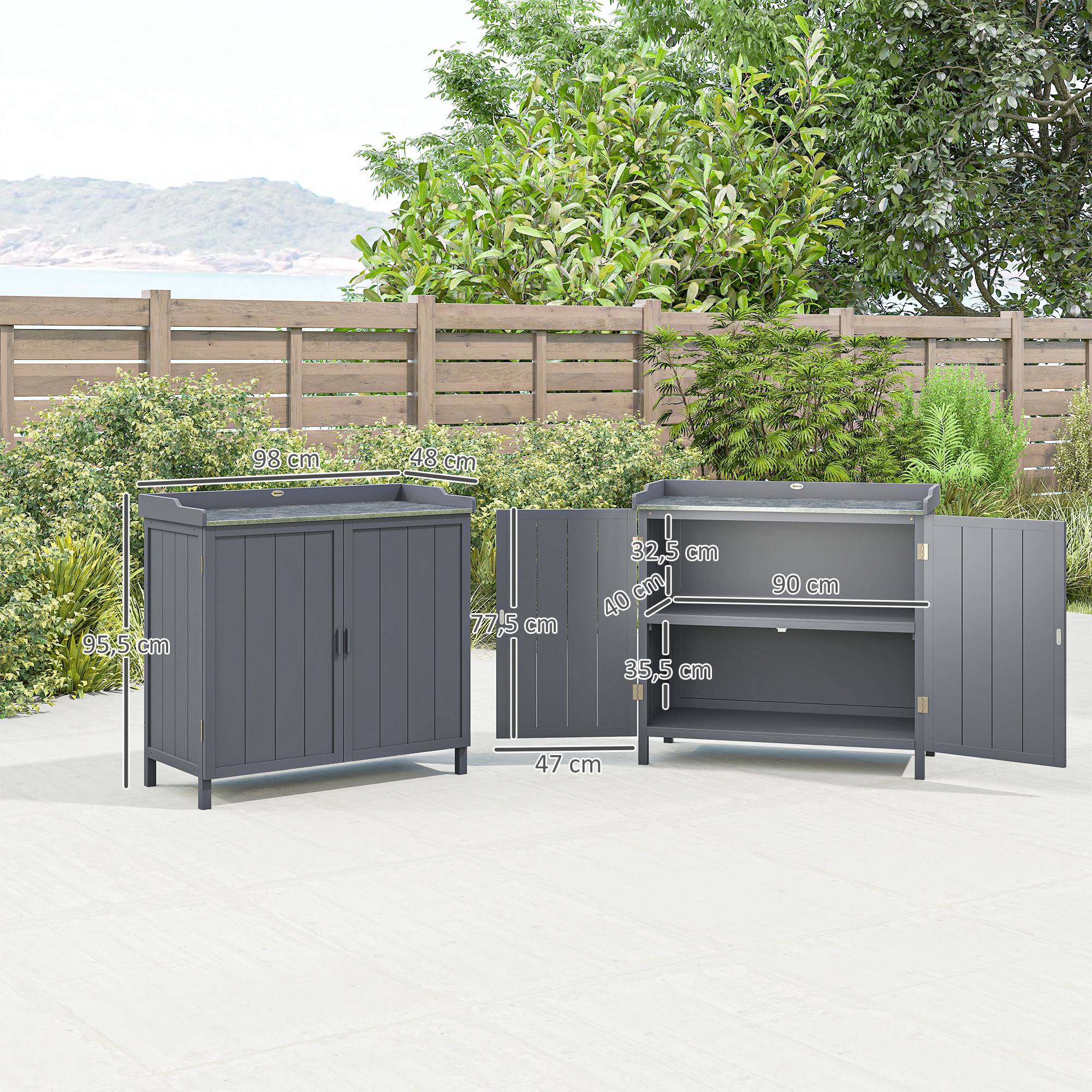 Outsunny - Armoire de rangement jardin table rempotage 2en1 double porte étagère plateau métal galvanisé gris - Outsunny - Image 3