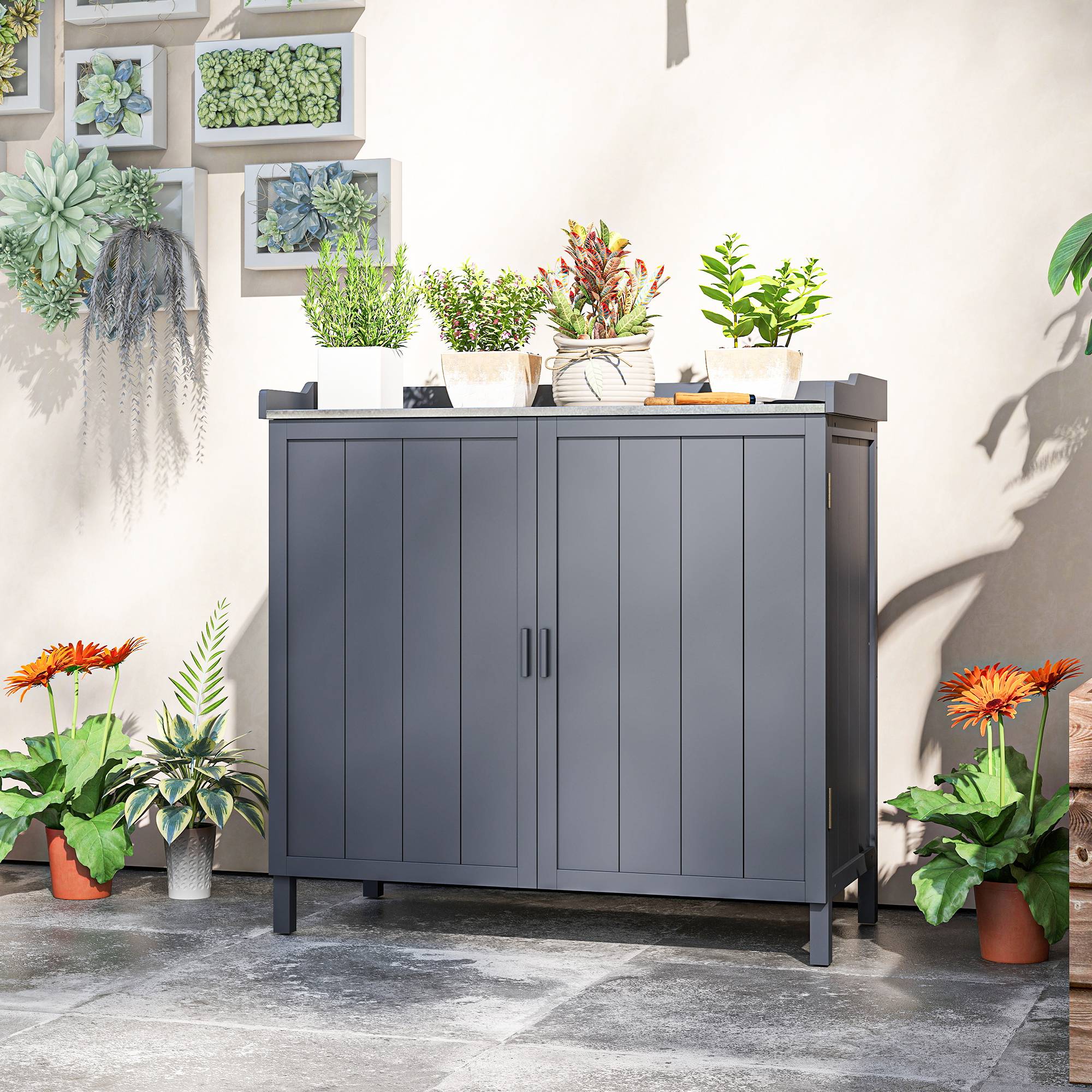 Outsunny - Armoire de rangement jardin table rempotage 2en1 double porte étagère plateau métal galvanisé gris - Outsunny - Image 2