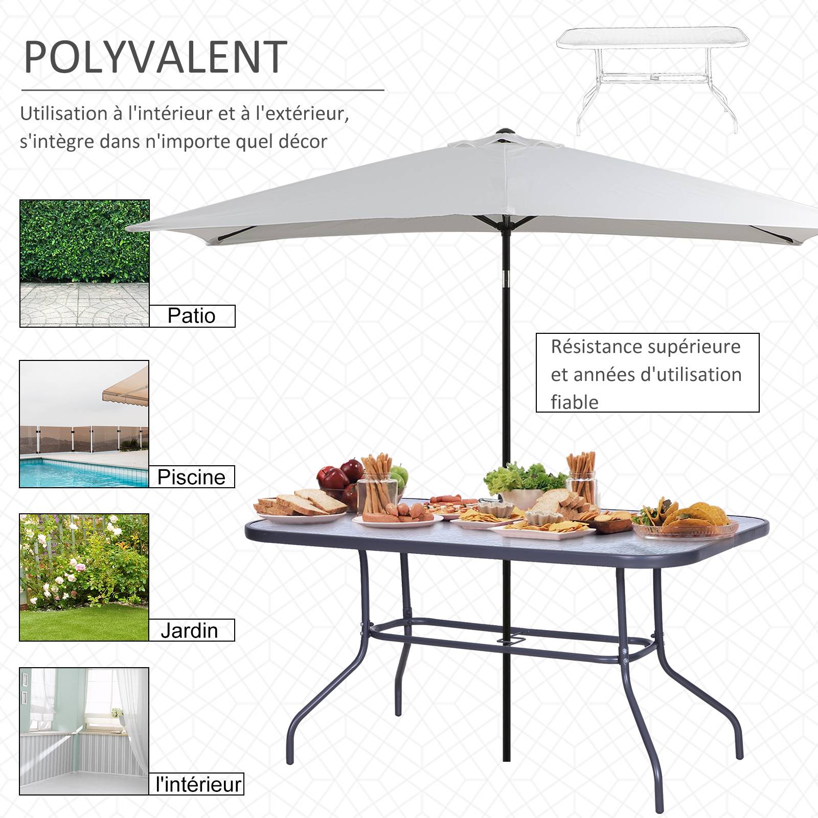Sans Marque - Table de Jardin rectangulaire dim. 140L X 80l x 70H cm métal époxy Gris Plateau Verre trempé - Image 9
