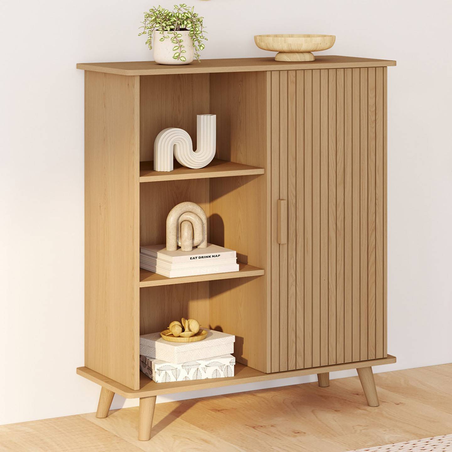 Buffet d'appoint 3 étagères et placard 70 cm JULIETTE effet lattes tasseau bois - Image 1