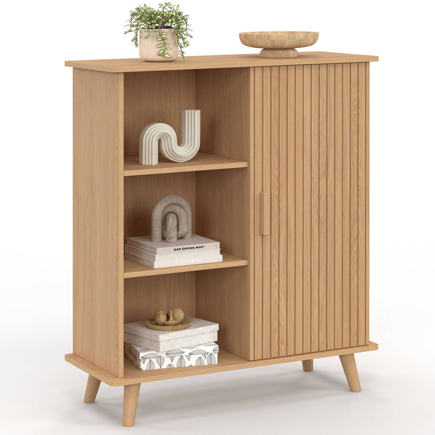 Buffet d'appoint 3 étagères et placard 70 cm JULIETTE effet lattes tasseau bois - Image 2