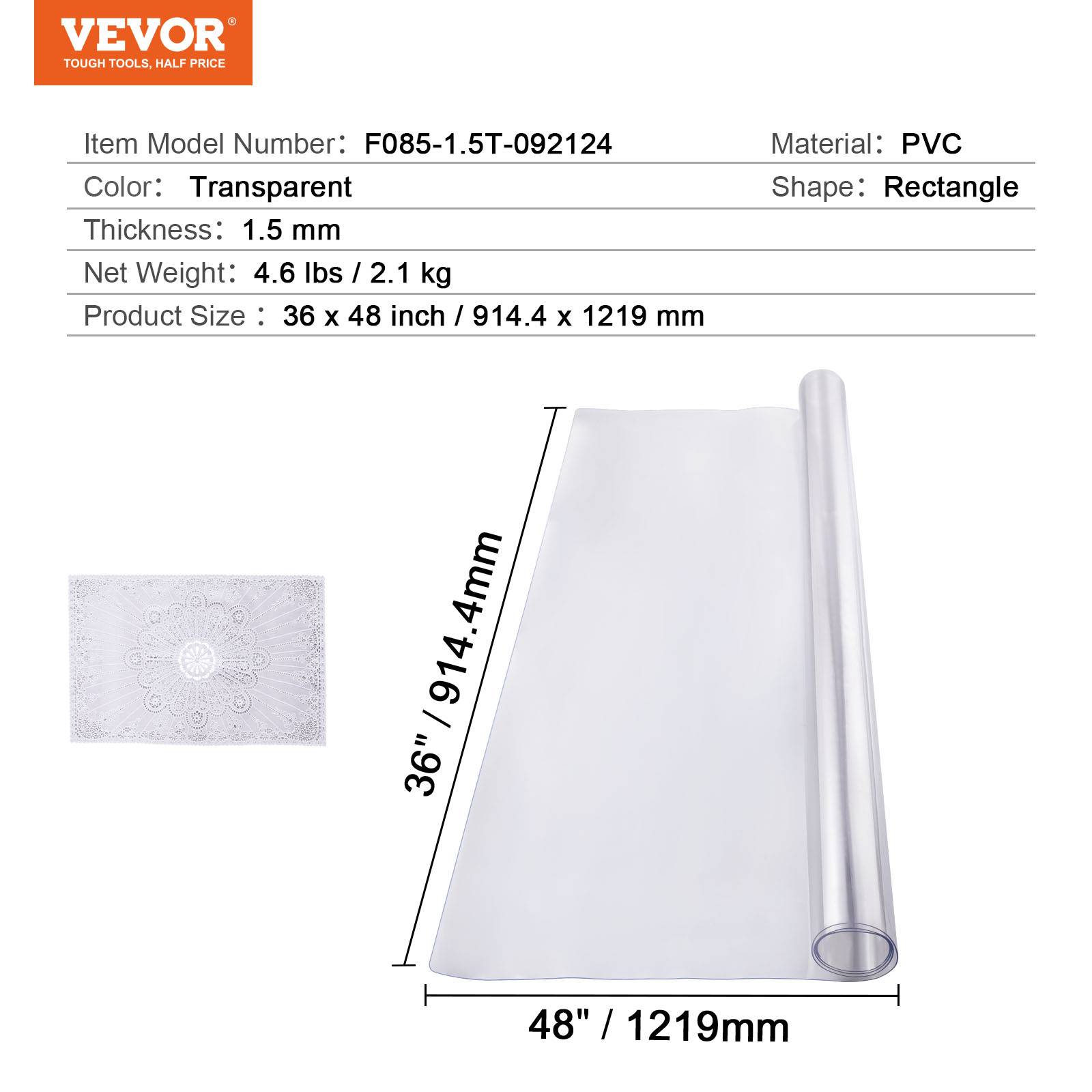 Vevor - VEVOR Protecteur bureau PVC transparent, 36x48", 1.5mm, rectangulaire, imperméable, salle à manger. - Image 7
