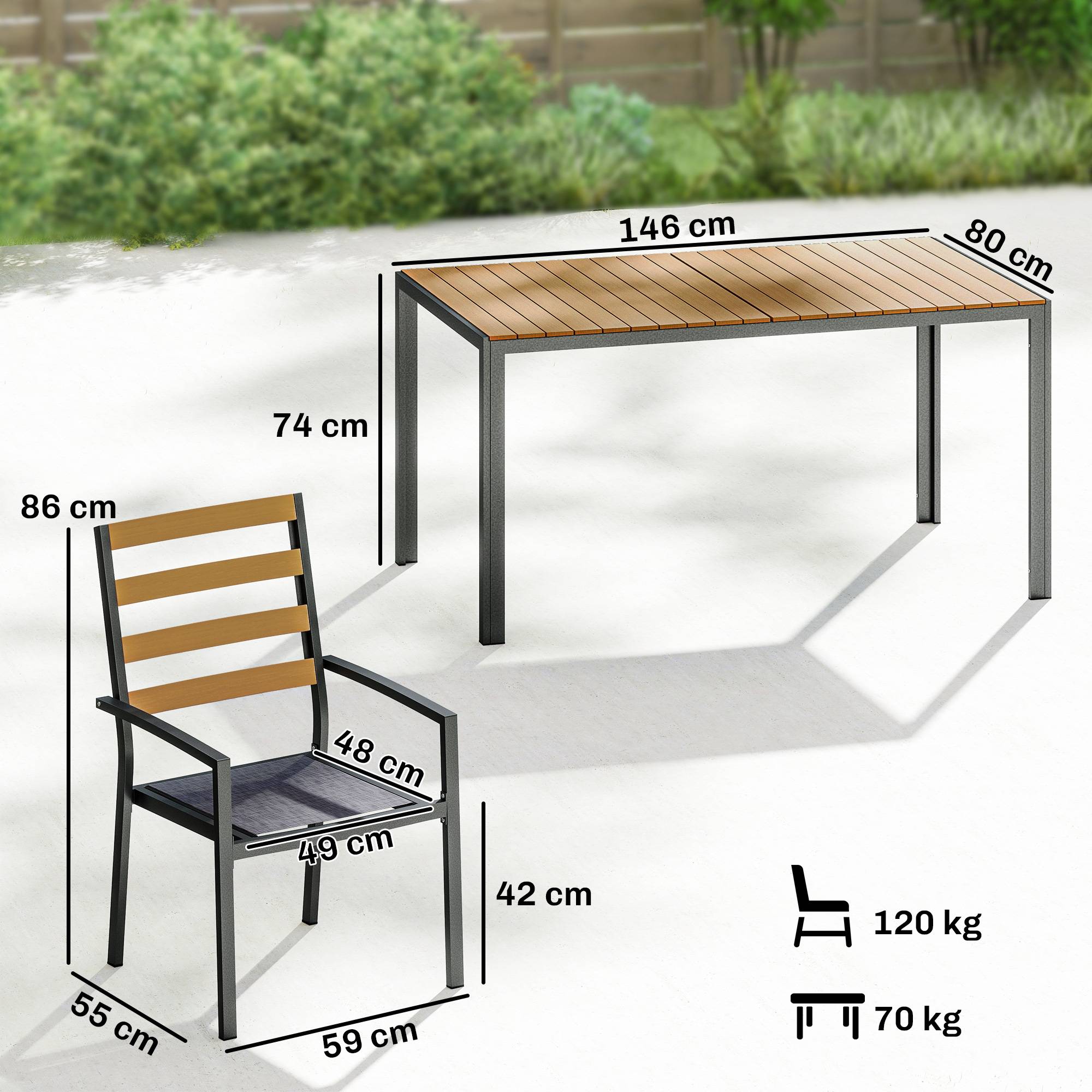Ensemble de jardin 7 pièces composé d’une table à manger et 6 chaises avec coussins, mobilier en bois pour terrasse - Image 3