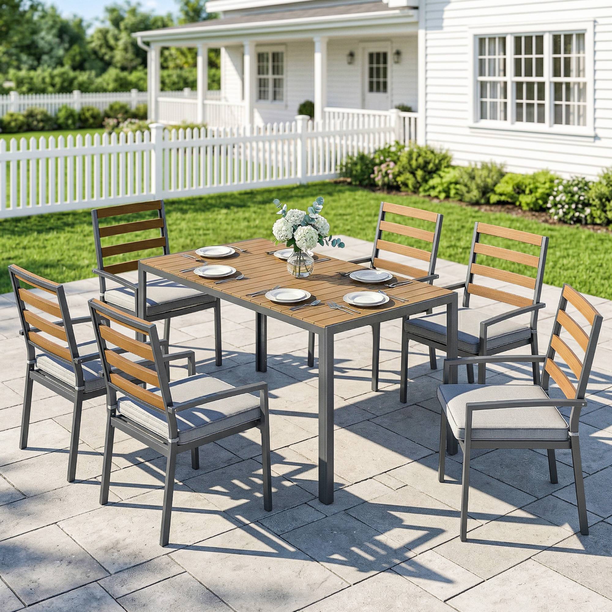 Ensemble de jardin 7 pièces composé d’une table à manger et 6 chaises avec coussins, mobilier en bois pour terrasse - Image 2