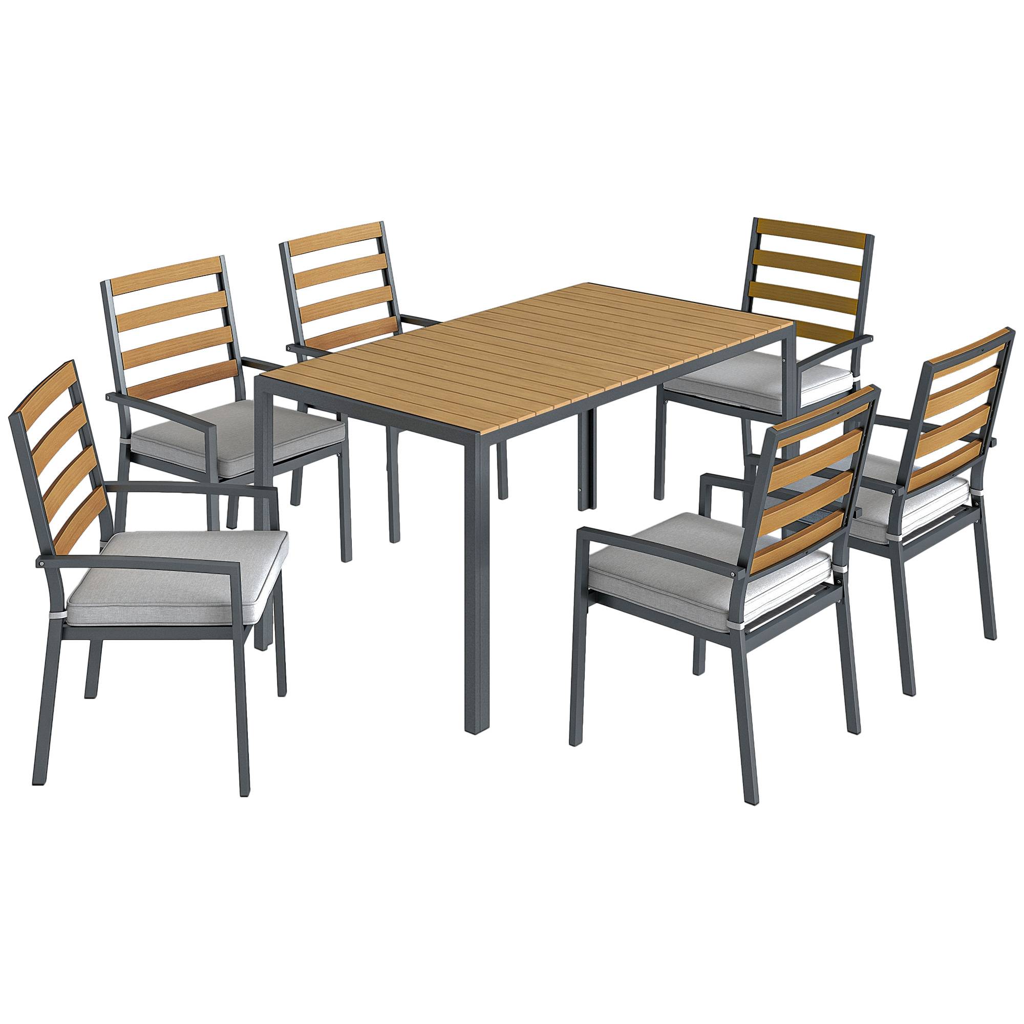 Ensemble de jardin 7 pièces composé d’une table à manger et 6 chaises avec coussins, mobilier en bois pour terrasse - Image 1