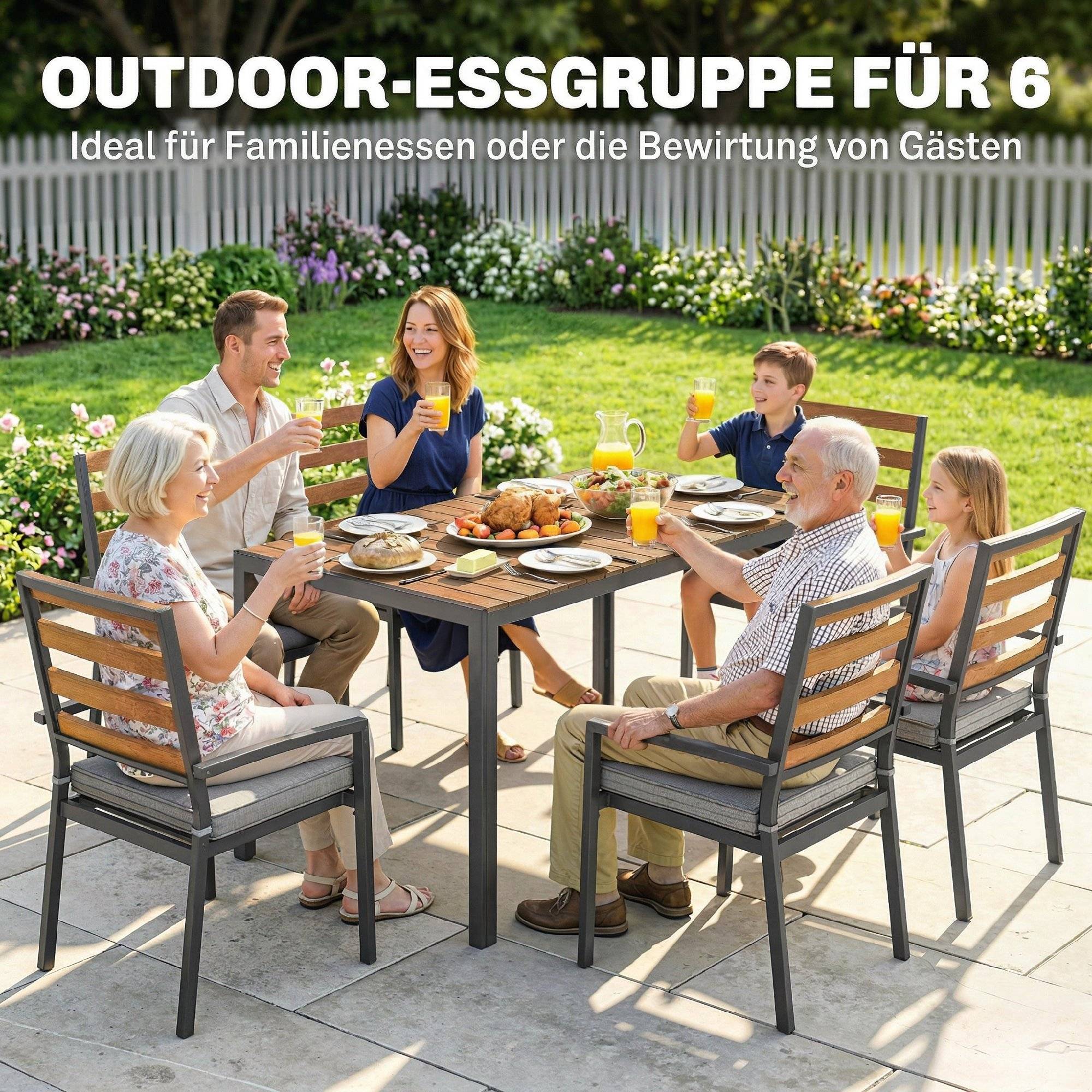 Ensemble de jardin 7 pièces composé d’une table à manger et 6 chaises avec coussins, mobilier en bois pour terrasse - Image 4