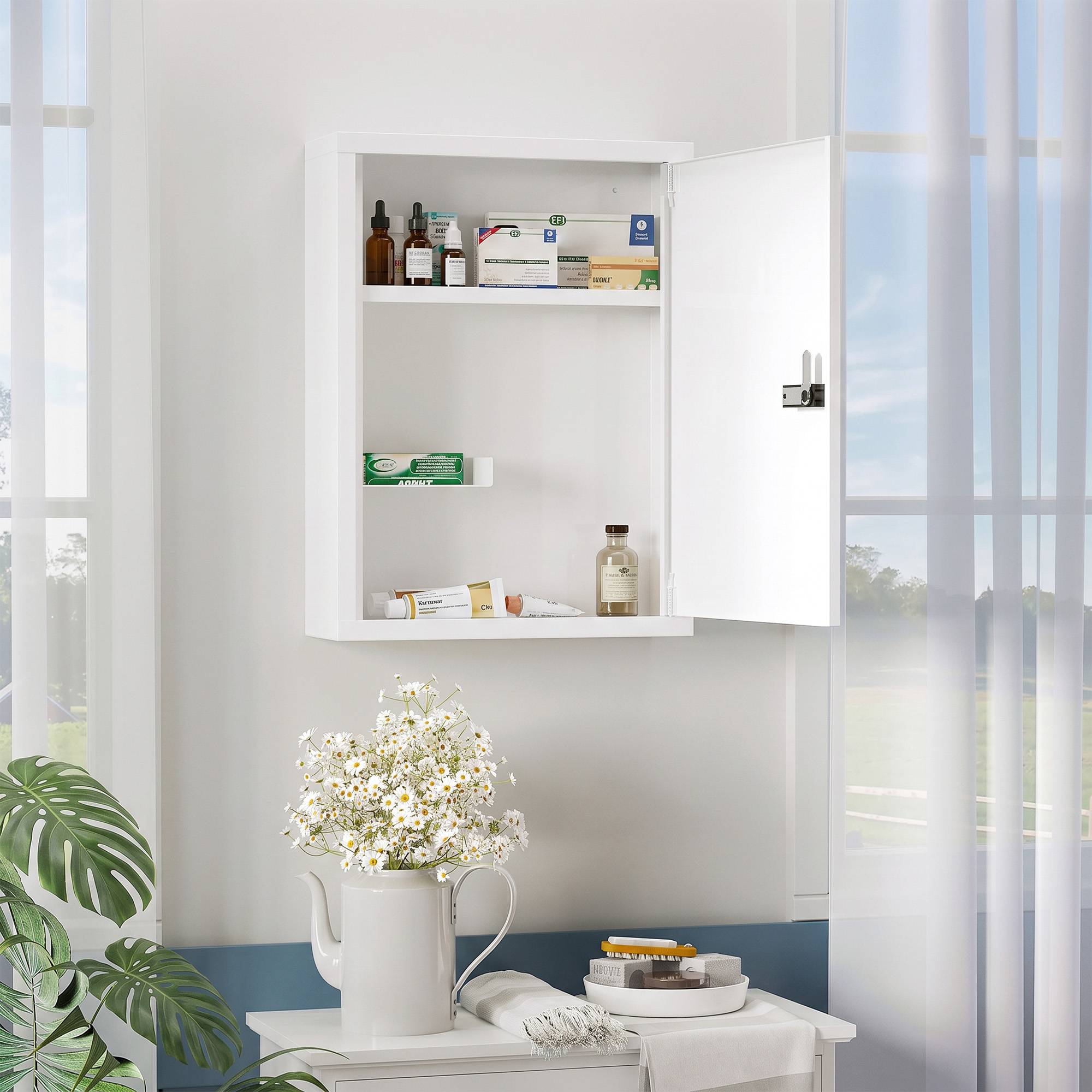 Sans Marque - Armoire pharmacie murale meuble salle bain serrure combinaison porte compartiments rangement blanche - Image 3