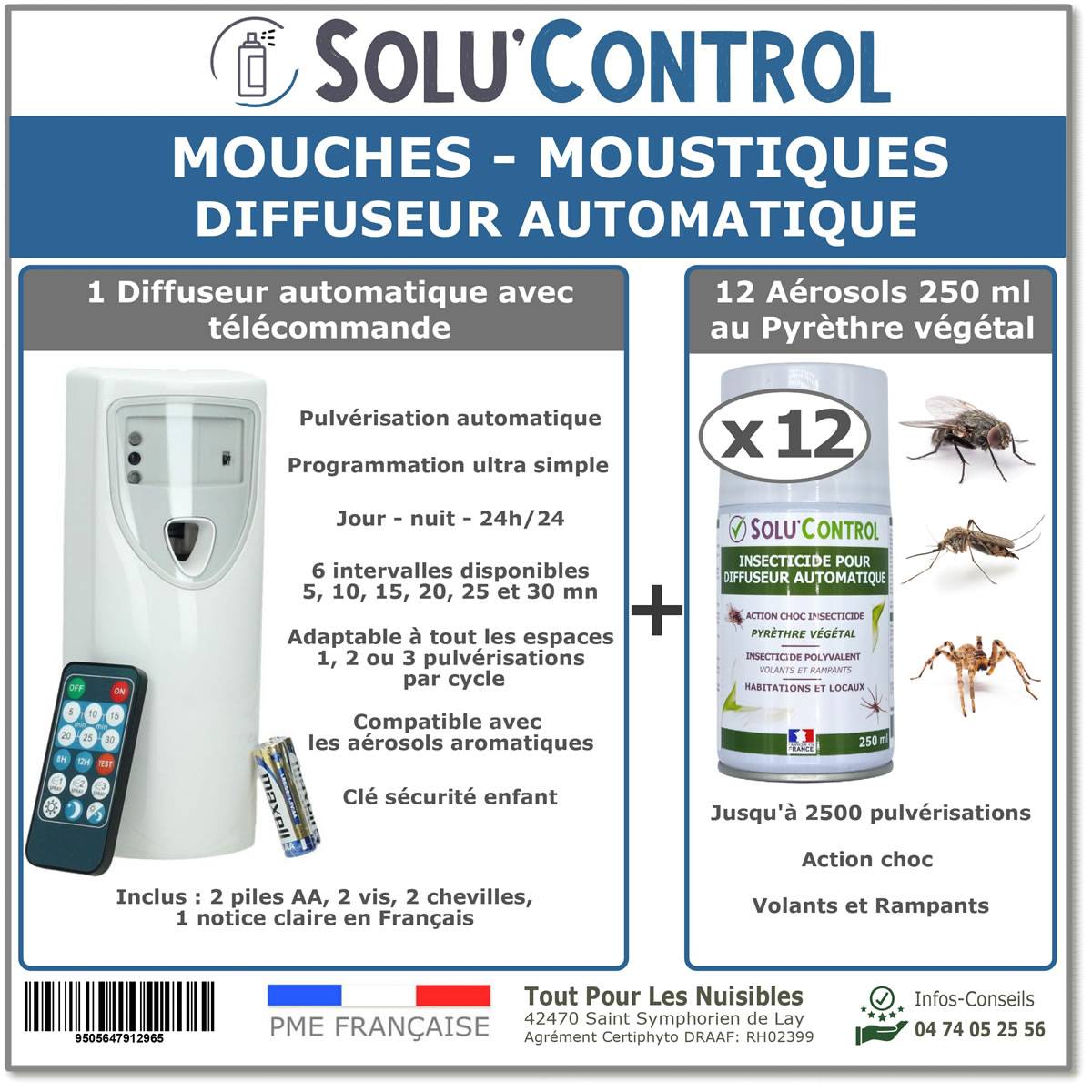 Kit Diffuseur Automatique avec Télécommande + 12 Aérosols au Pyrèthre Végétal 250 ml - Anti-Mouches & Anti-Moustiques