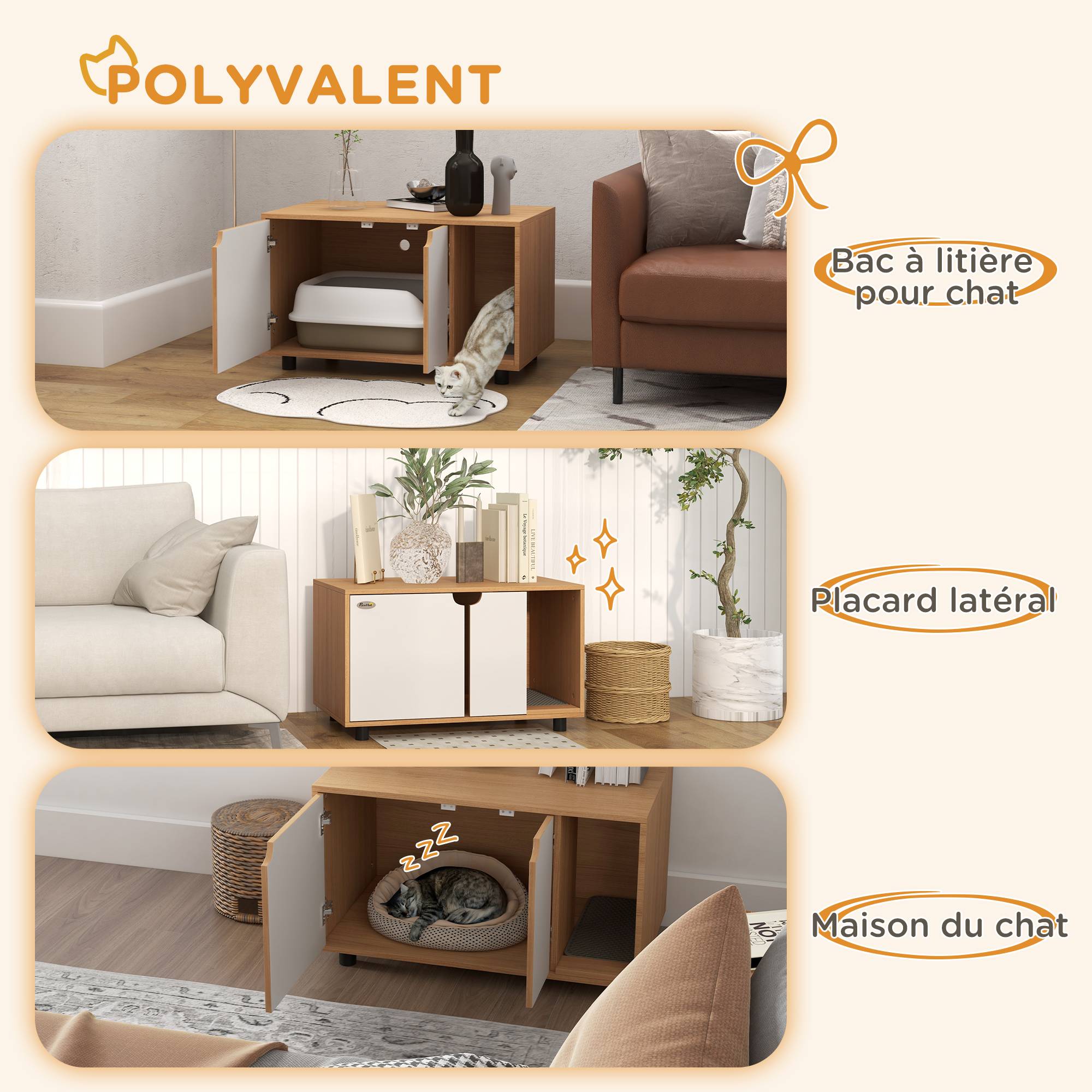 Meuble à litière maison de toilette sur pieds pour chat 2 en 1 portes style scandinave 80 x 48 x 48 cm naturel et blanc - Image 8