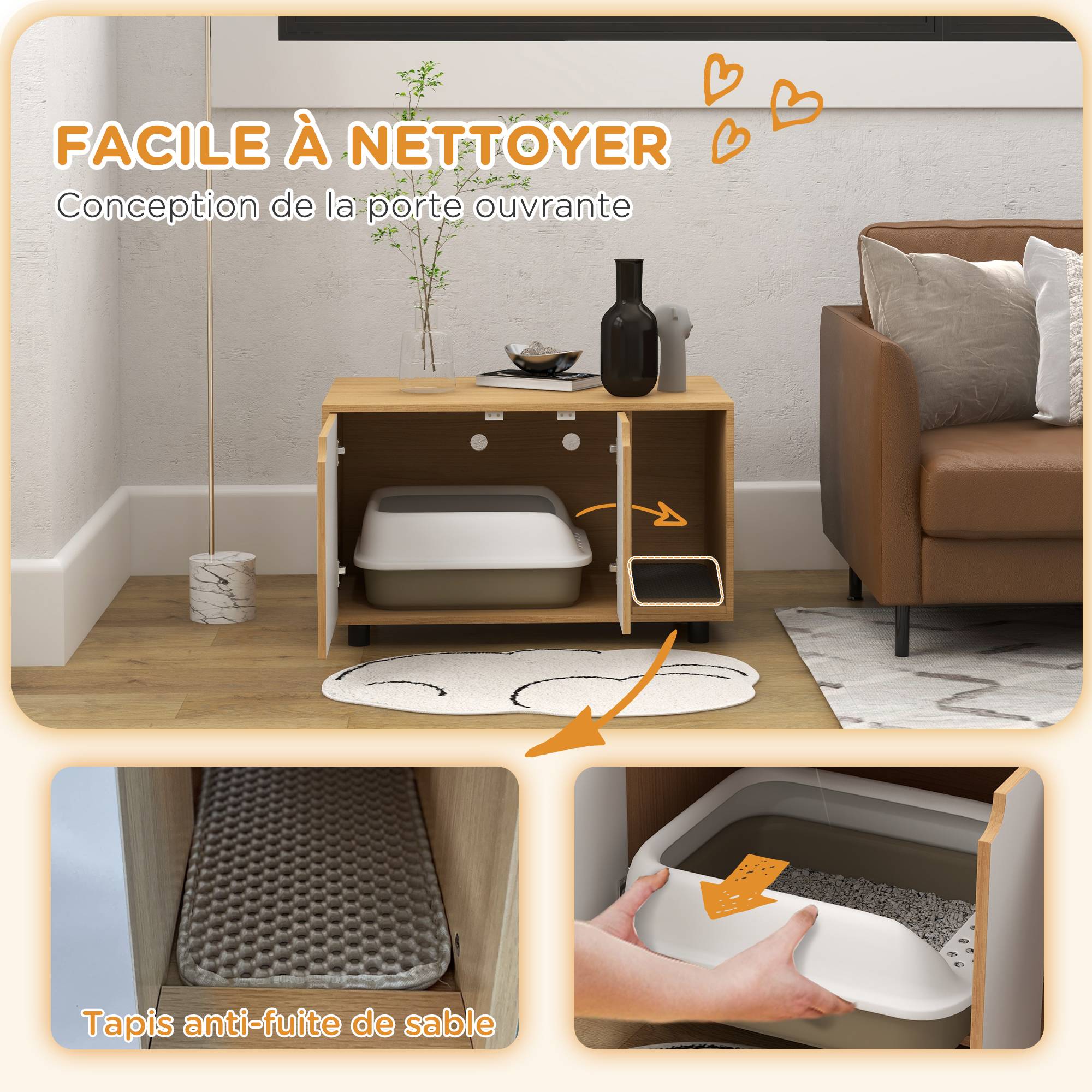 Meuble à litière maison de toilette sur pieds pour chat 2 en 1 portes style scandinave 80 x 48 x 48 cm naturel et blanc - Image 6