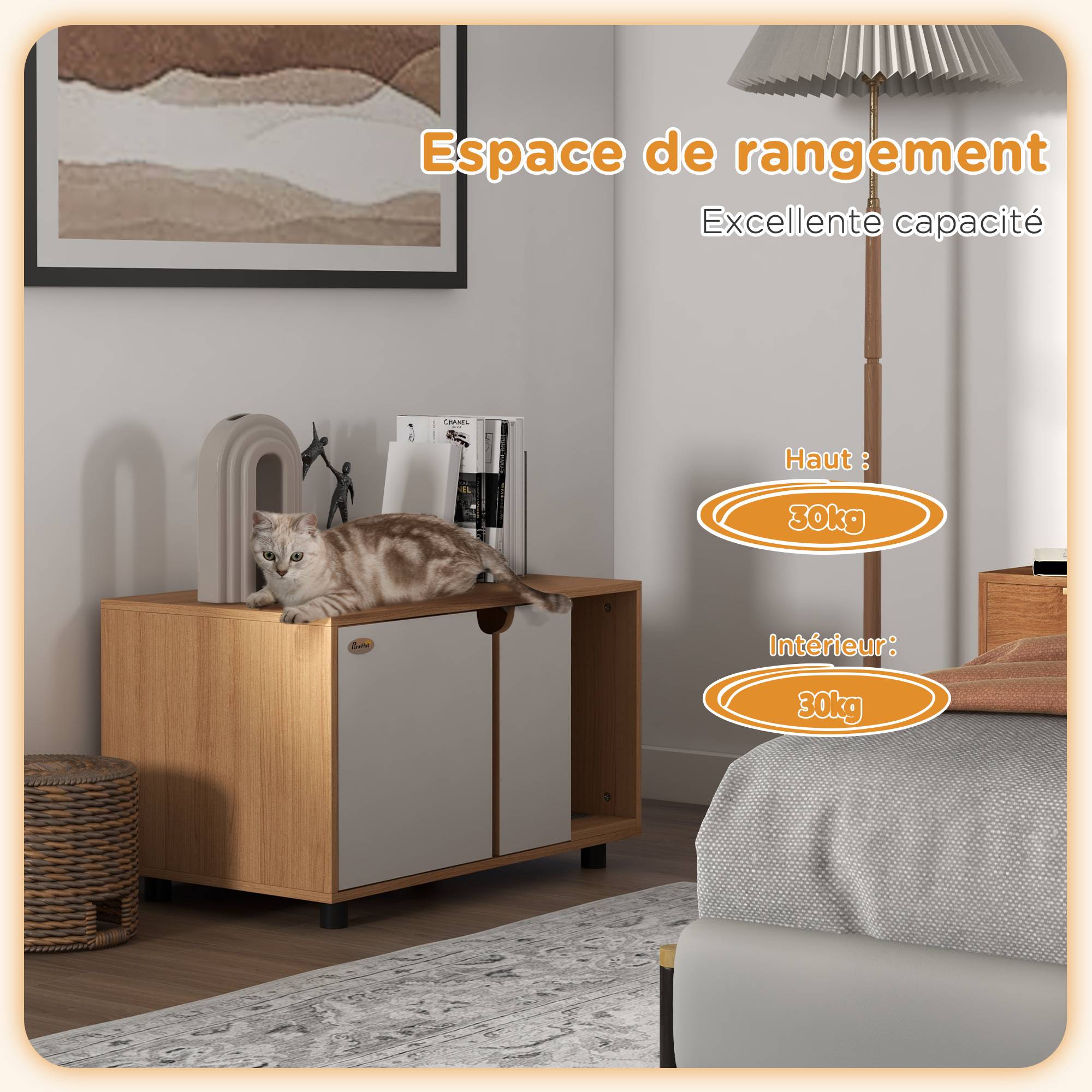 Meuble à litière maison de toilette sur pieds pour chat 2 en 1 portes style scandinave 80 x 48 x 48 cm naturel et blanc - Image 7