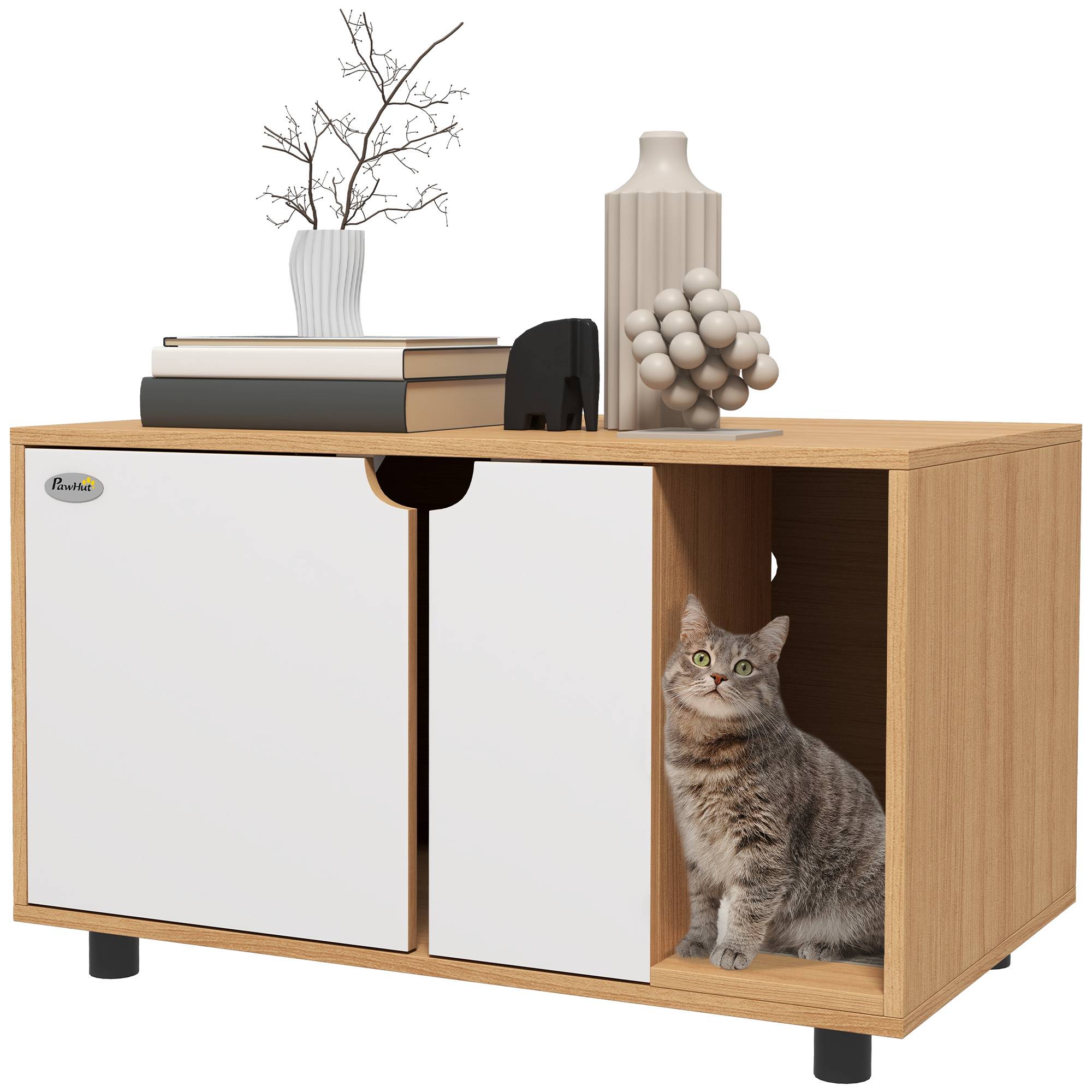 Meuble à litière maison de toilette sur pieds pour chat 2 en 1 portes style scandinave 80 x 48 x 48 cm naturel et blanc - Image 1