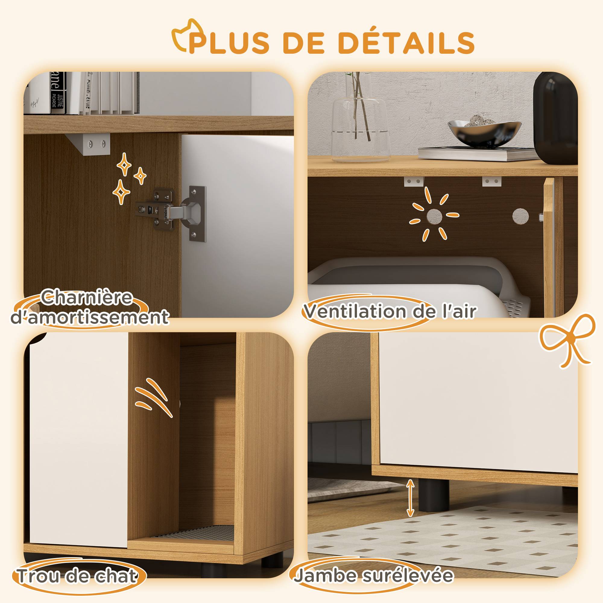 Meuble à litière maison de toilette sur pieds pour chat 2 en 1 portes style scandinave 80 x 48 x 48 cm naturel et blanc - Image 9