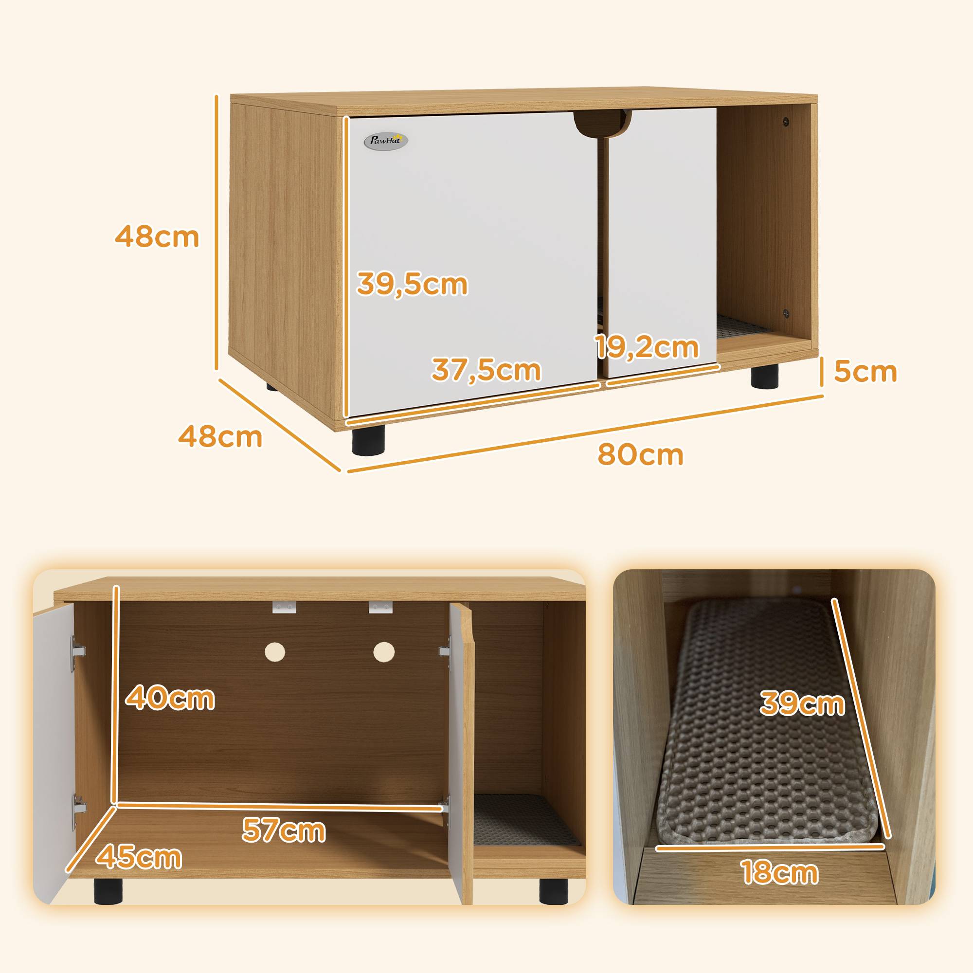 Meuble à litière maison de toilette sur pieds pour chat 2 en 1 portes style scandinave 80 x 48 x 48 cm naturel et blanc - Image 5