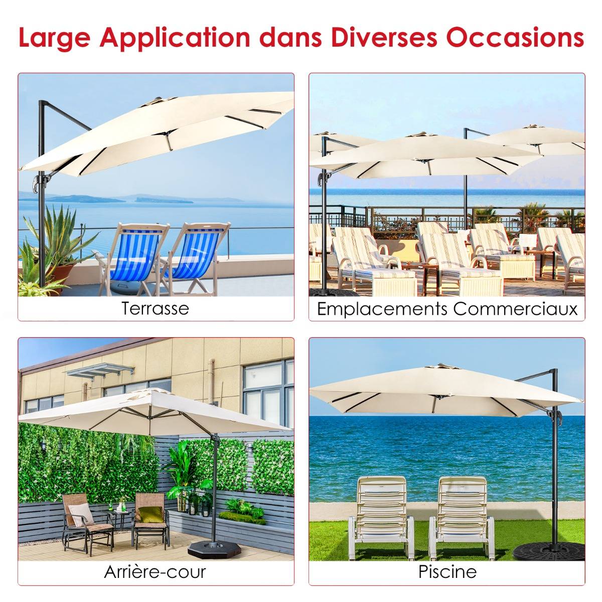 Parasol Déporté Inclinable 3x3M avec Base Croisée Rotation à 360° Manivelle 8 Baleines Event pour Jardin Terrasse Beige MAISON CHIC - Image 5