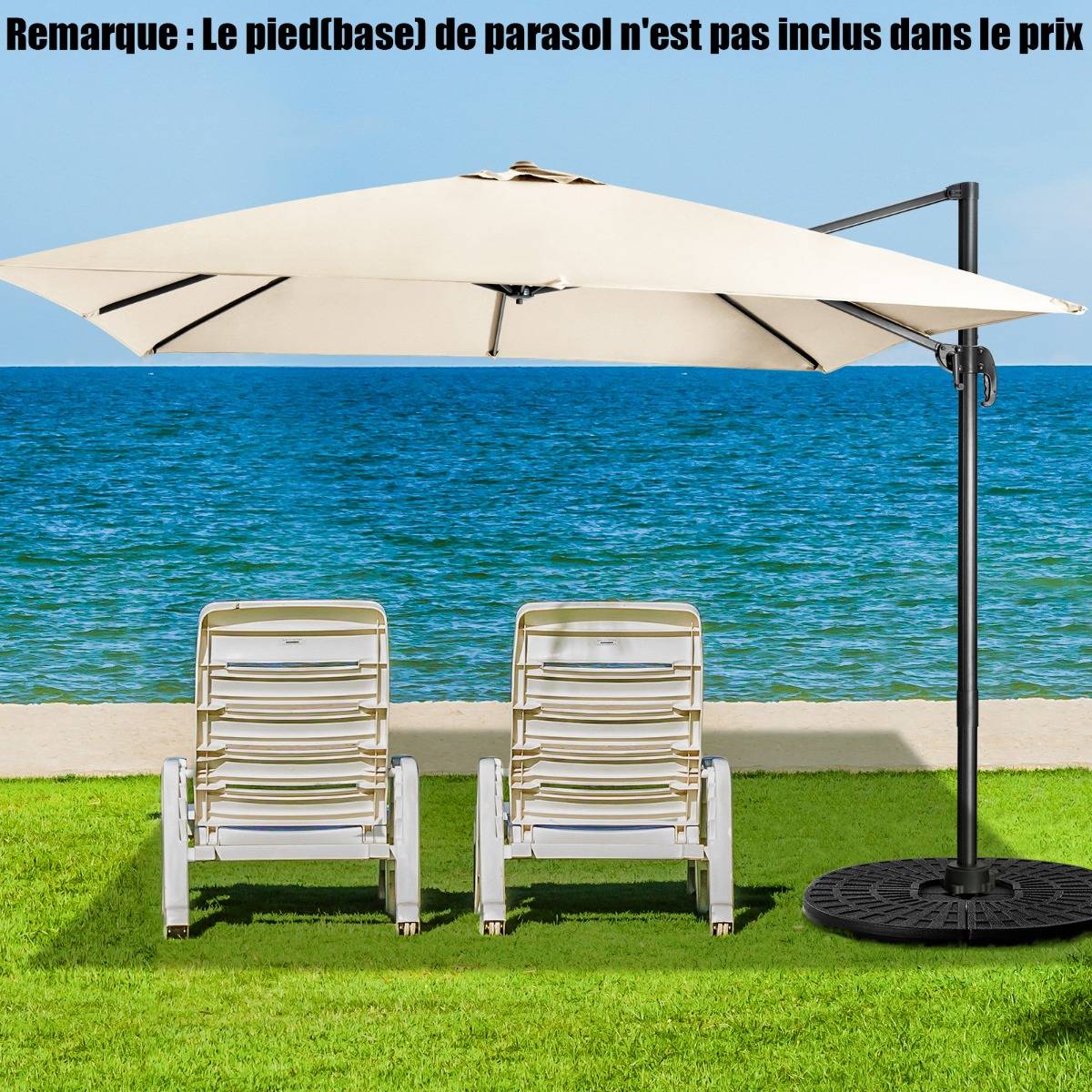 Parasol Déporté Inclinable 3x3M avec Base Croisée Rotation à 360° Manivelle 8 Baleines Event pour Jardin Terrasse Beige MAISON CHIC - Image 2