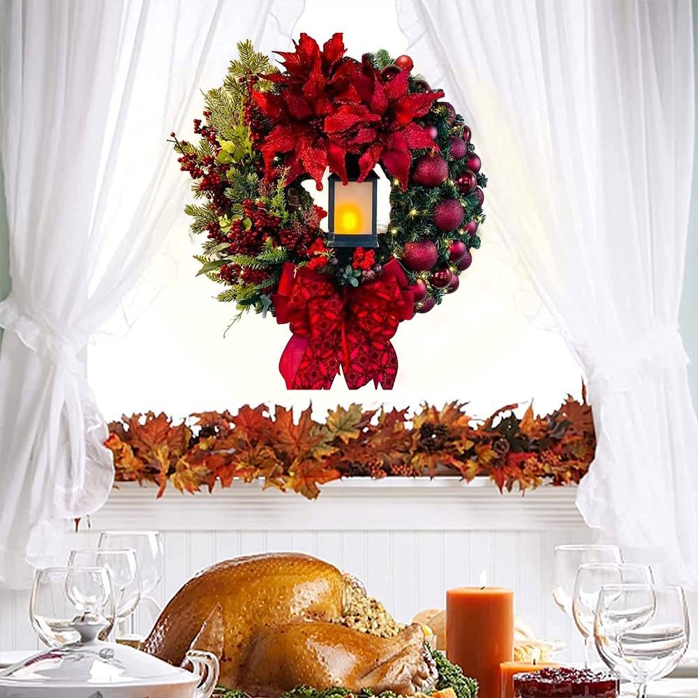 Couronne de Noël artificielle à LED, 40 cm couronne de porte, Noël, extérieur et intérieur - Couronne de l'Avent avec lanterne à bougie - Image 5