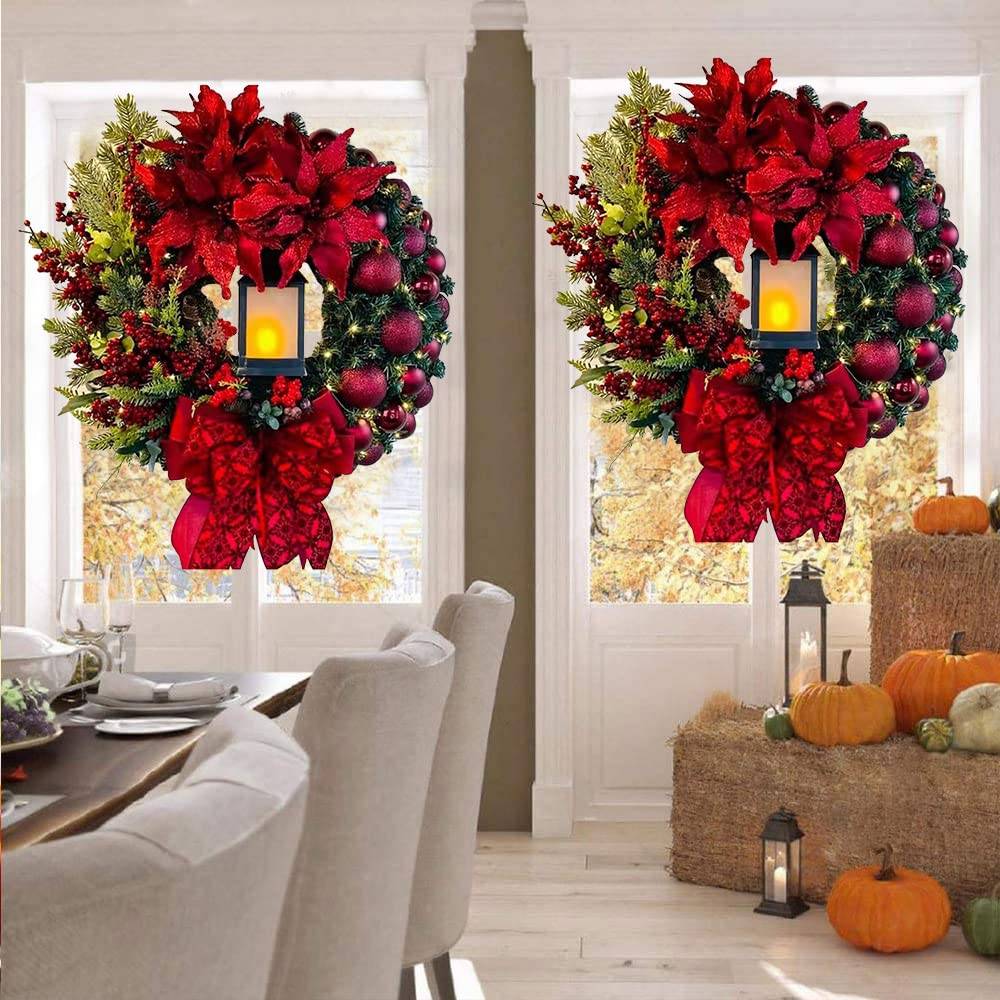 Couronne de Noël artificielle à LED, 40 cm couronne de porte, Noël, extérieur et intérieur - Couronne de l'Avent avec lanterne à bougie - Image 4