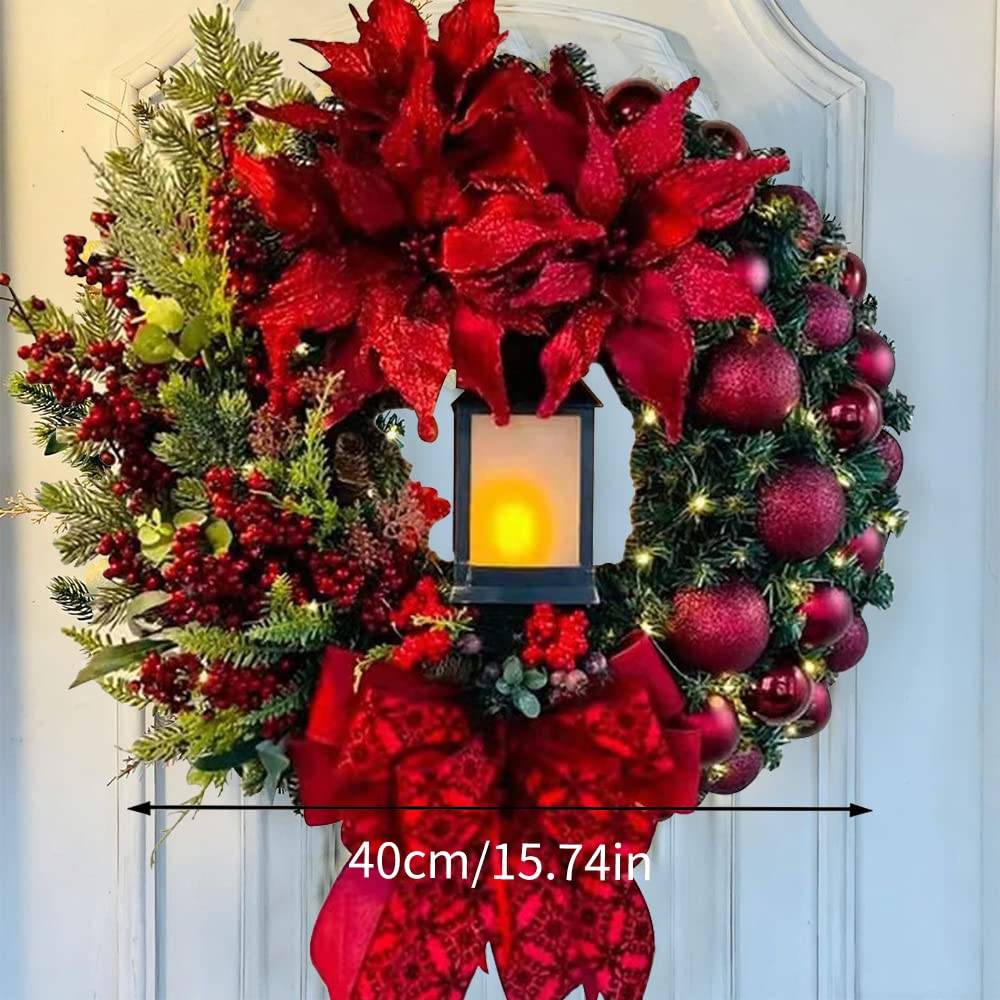 Couronne de Noël artificielle à LED, 40 cm couronne de porte, Noël, extérieur et intérieur - Couronne de l'Avent avec lanterne à bougie - Image 2