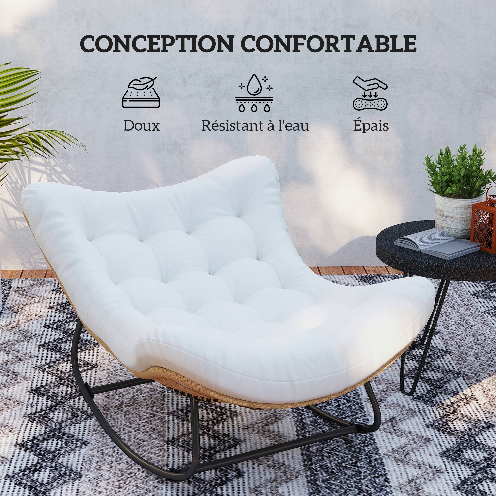 Fauteuil à bascule œuf Rotin PE Intérieur & extérieur Balancement doux 111x98x74cm Crème - ComfortXL Outdoor Living - Image 7