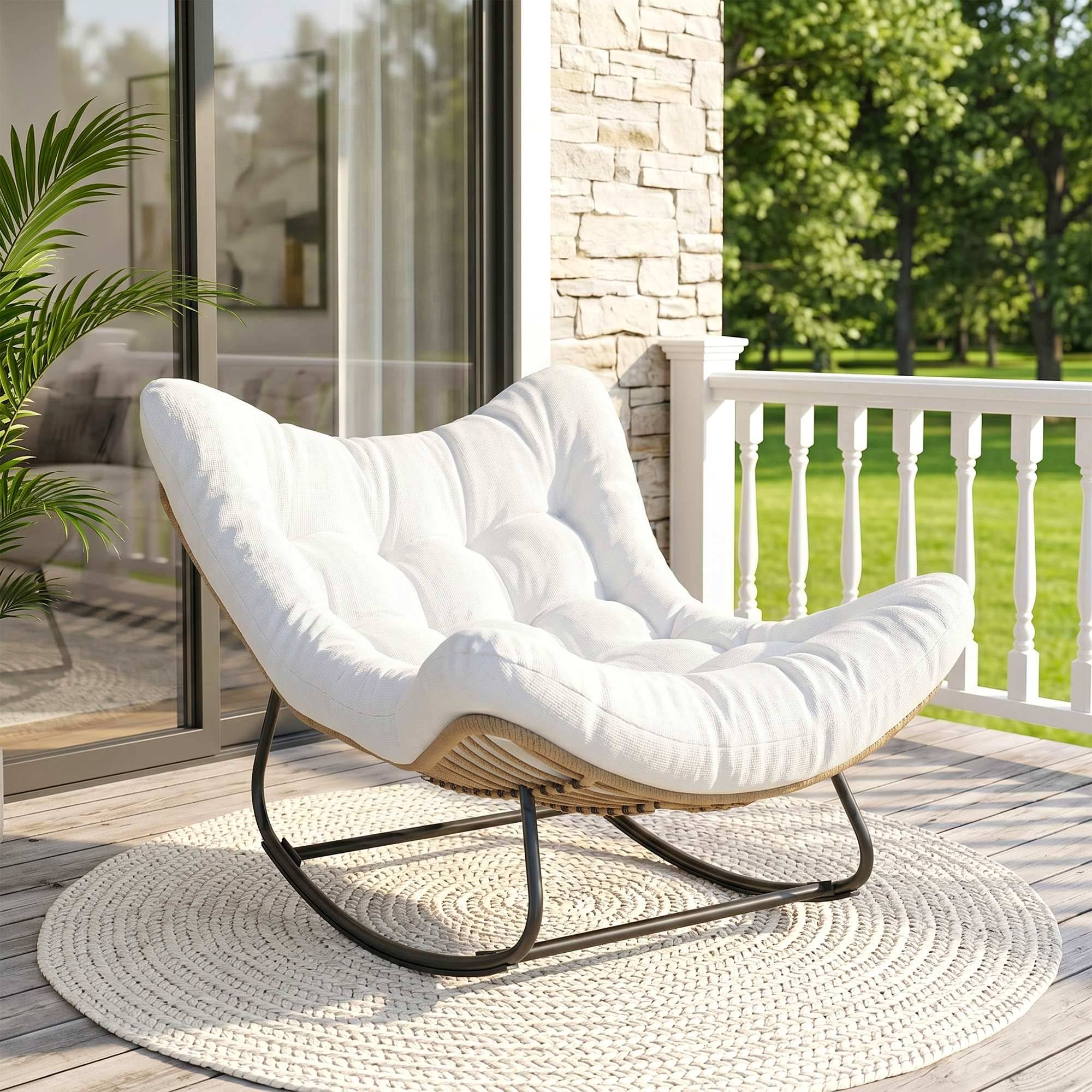Fauteuil à bascule œuf Rotin PE Intérieur & extérieur Balancement doux 111x98x74cm Crème - ComfortXL Outdoor Living - Image 3