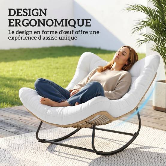 Fauteuil à bascule œuf Rotin PE Intérieur & extérieur Balancement doux 111x98x74cm Crème - ComfortXL Outdoor Living - Image 6
