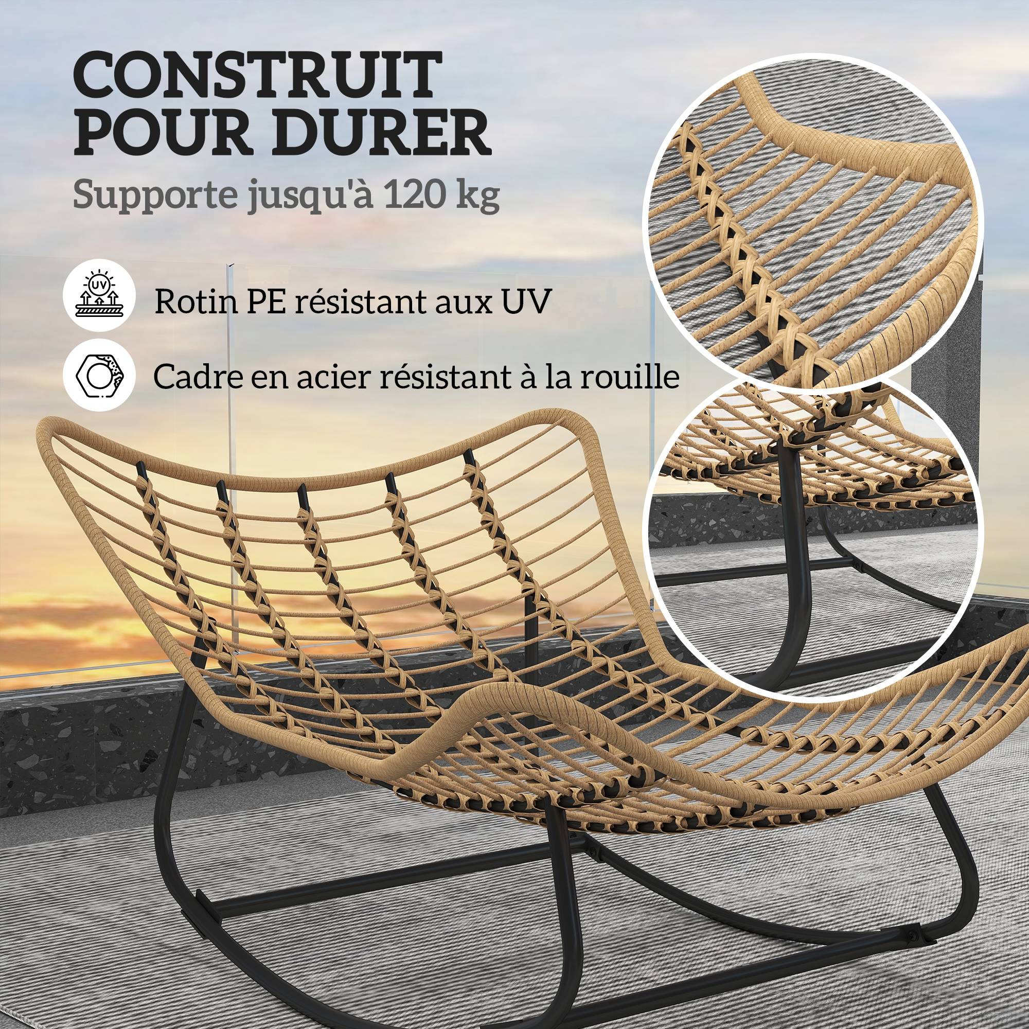 Fauteuil à bascule œuf Rotin PE Intérieur & extérieur Balancement doux 111x98x74cm Crème - ComfortXL Outdoor Living - Image 8