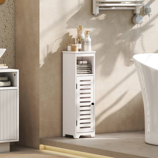 Meuble salle de bain 4 niveaux avec porte persienne et étagère ouverte, colonne rangement compacte blanc moderne - Image 3