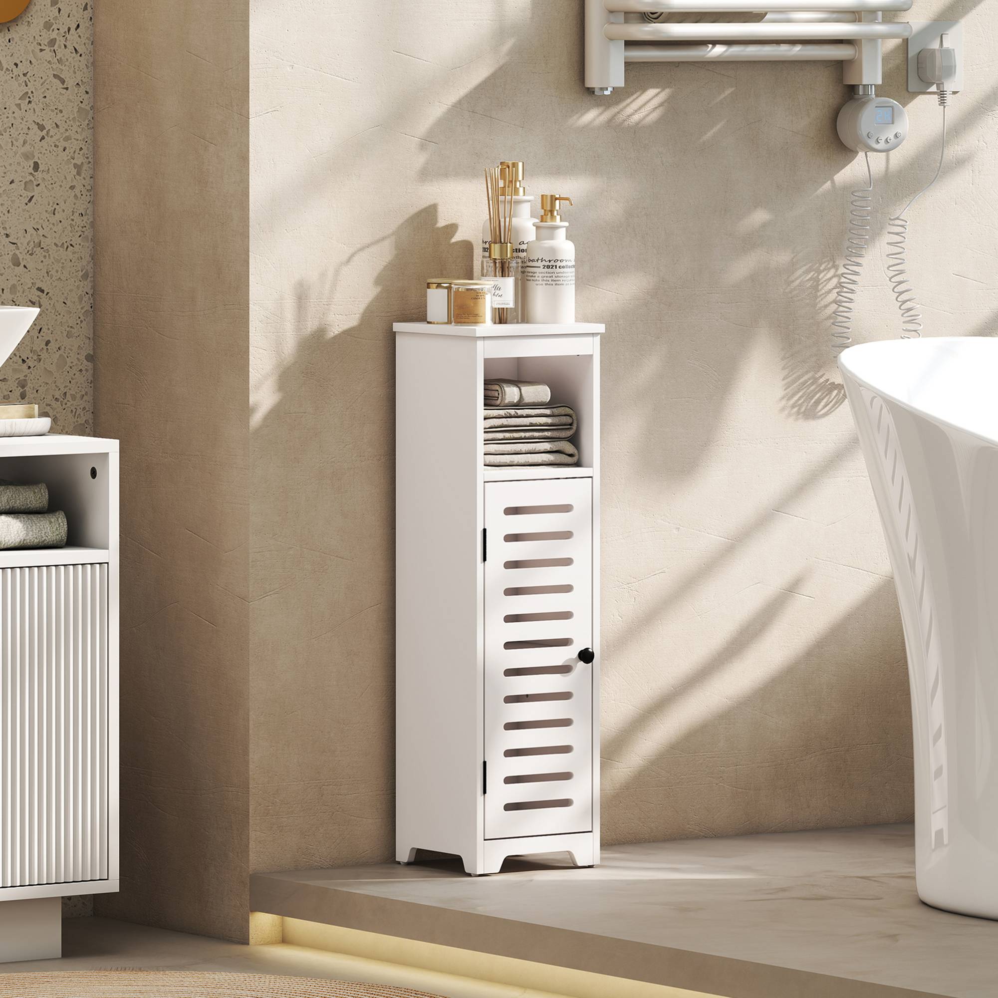 Meuble salle de bain 4 niveaux avec porte persienne et étagère ouverte, colonne rangement compacte blanc moderne - Image 3
