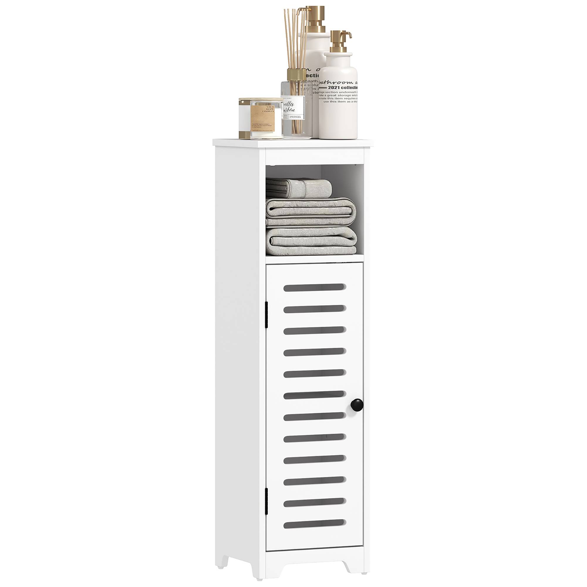 Meuble salle de bain 4 niveaux avec porte persienne et étagère ouverte, colonne rangement compacte blanc moderne - Image 1