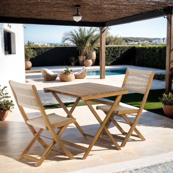 Ensemble repas BARI pliable 2 personnes bois et corde écru Beau Rivage - Image 2