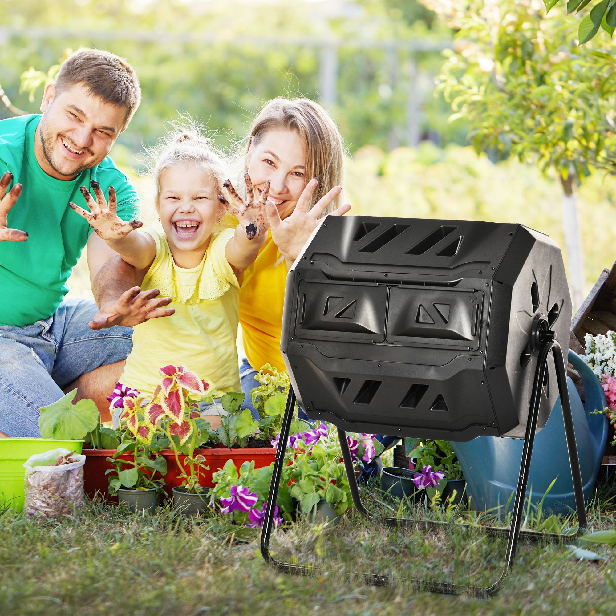 ComfortXL - Composteur rotatif acier et polypropylène 160 L noir 71 x 64 x 96 cm double compartiment pour jardin - Image 1