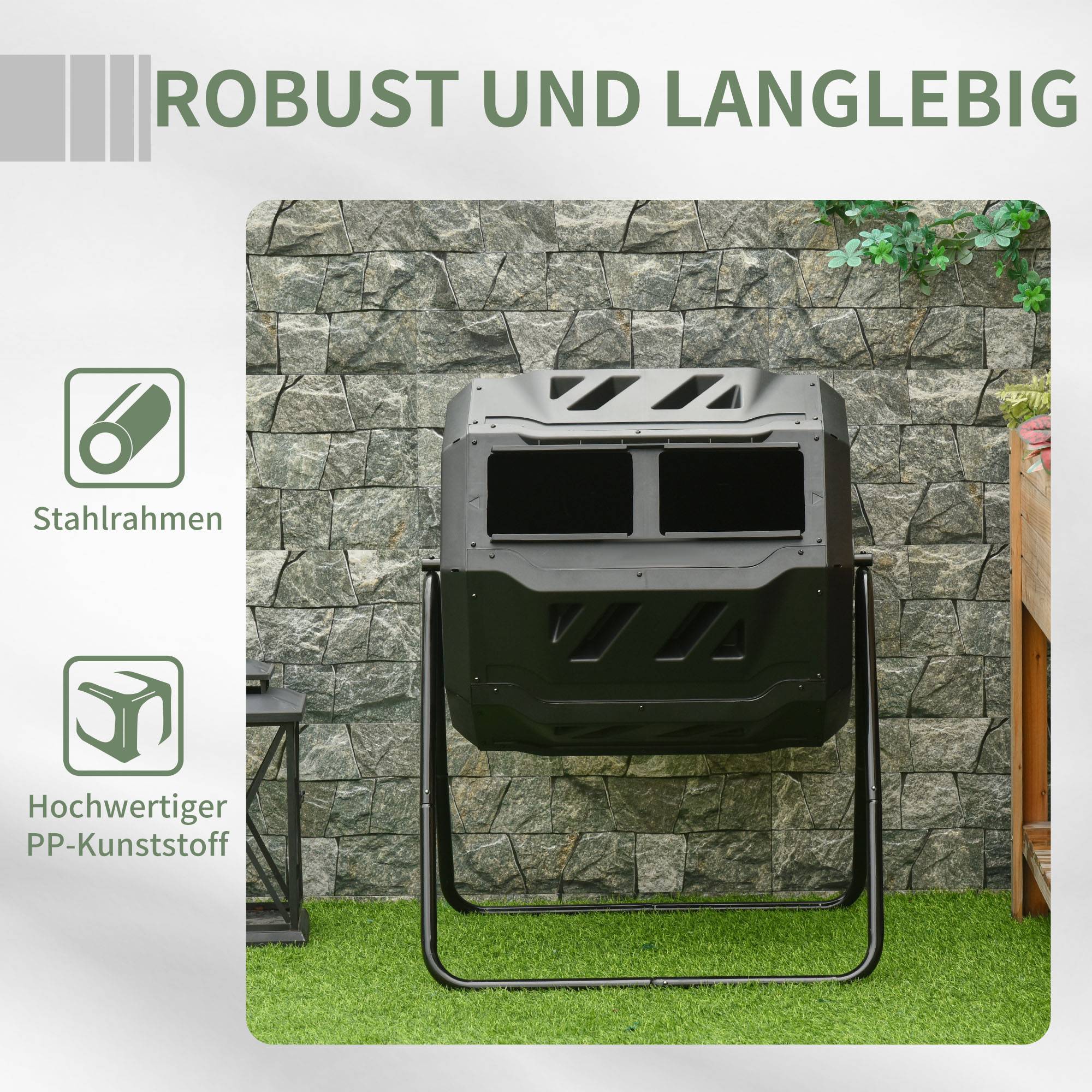 ComfortXL - Composteur rotatif acier et polypropylène 160 L noir 71 x 64 x 96 cm double compartiment pour jardin - Image 7