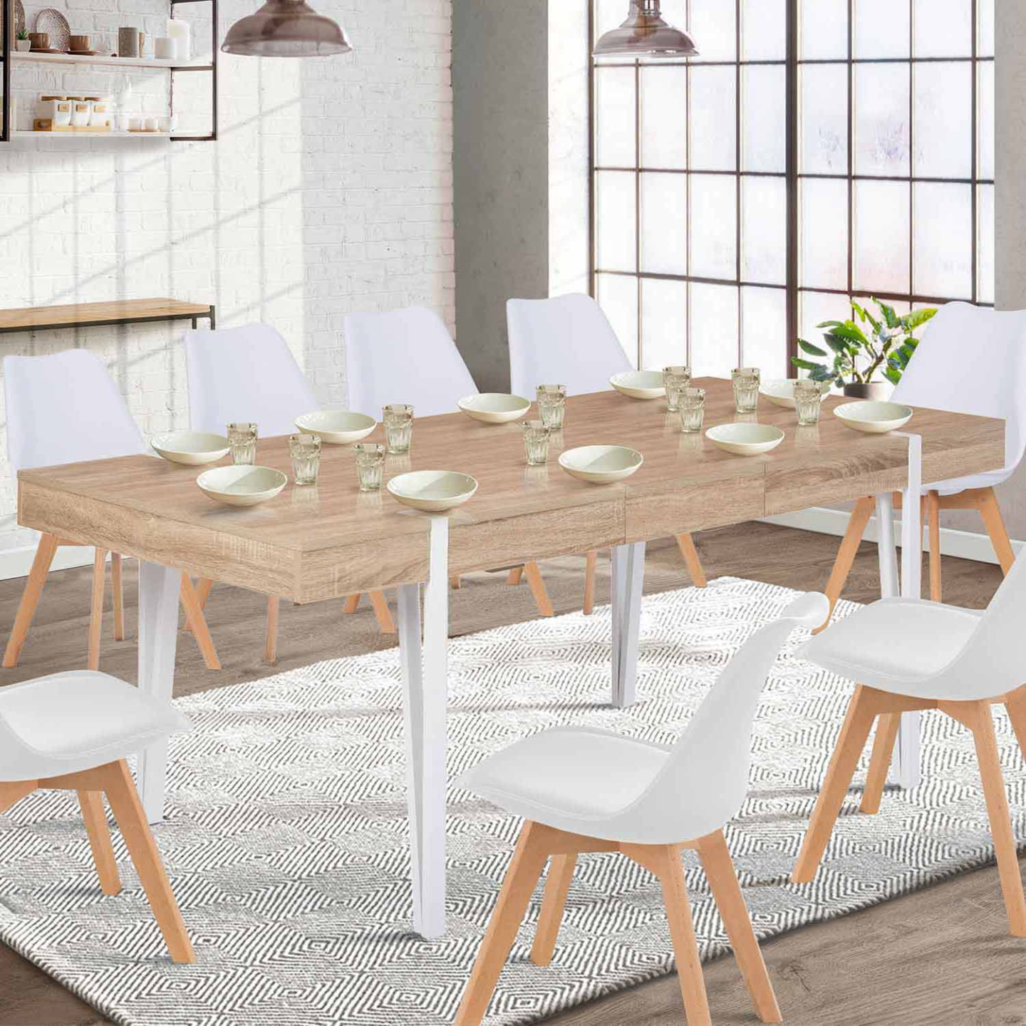 Table à manger extensible rectangle AUSTRIA 6-10 personnes bois pied épingle blanc 160-200 cm - Image 1