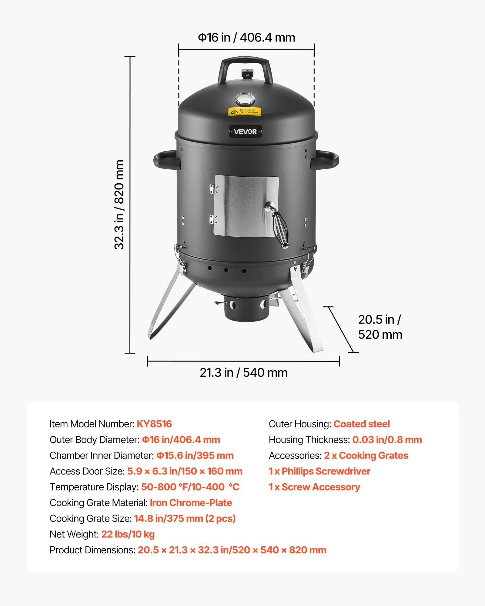Vevor - VEVOR Fumoir à charbon 406 mm, barbecue vertical en acier revêtu, 2 grilles 375 mm, thermomètre, aérations, cendrier amovible - Image 6