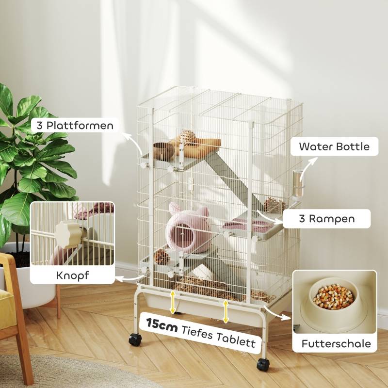 Cage Furet Rongeur Métal 4 Niveaux Roulettes Accessoires Beige 120cm - ComfortXL Pet Living - Image 5