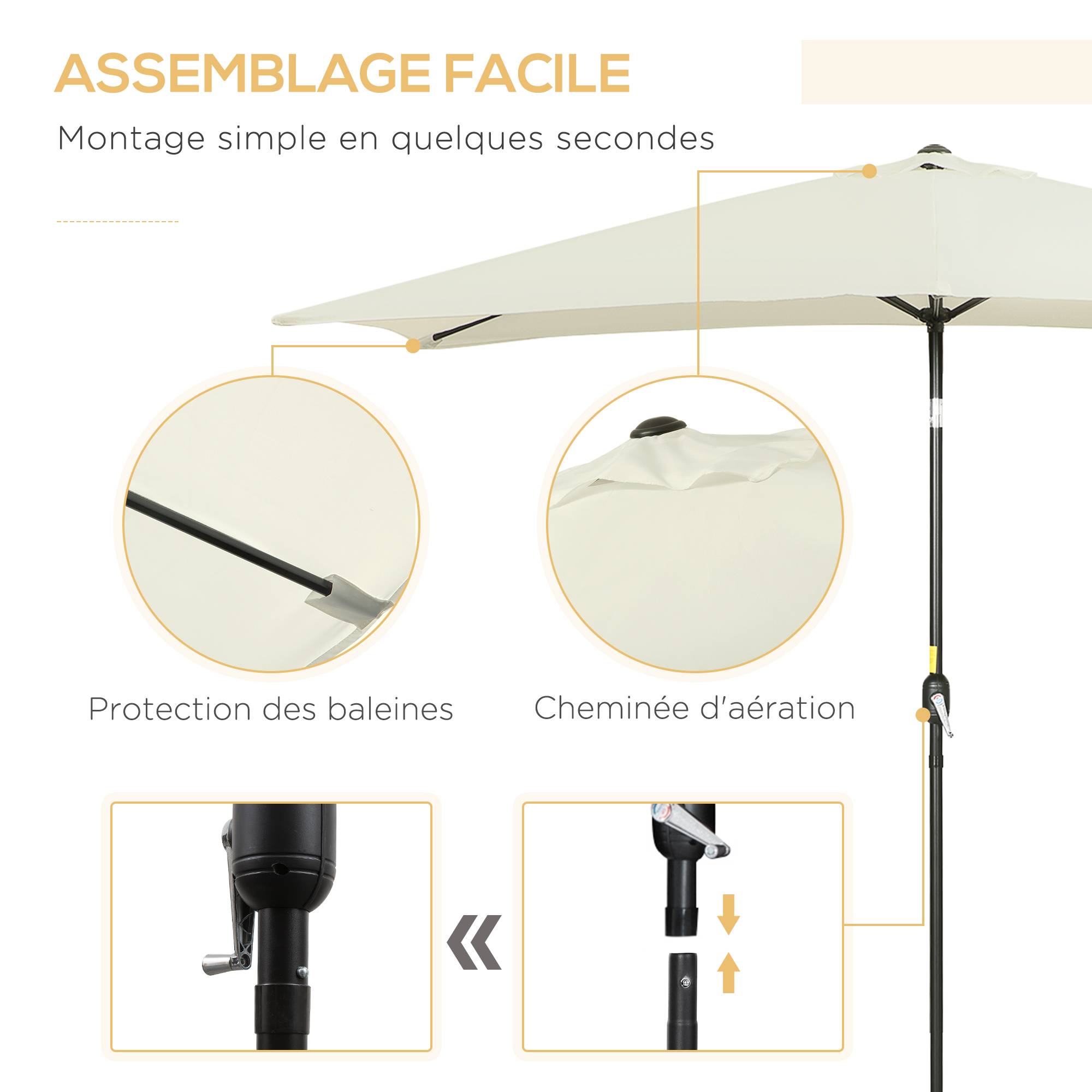 Parasol inclinable rectangulaire en aluminium métal et polyester crème 294 x 198 x 255 cm - PANGIVO - Image 8