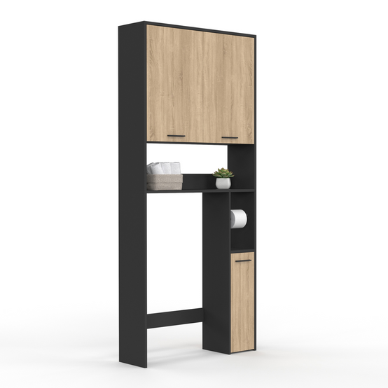 Meuble étagère dessus WC WALLIS noir et bois façon hêtre - Image 2