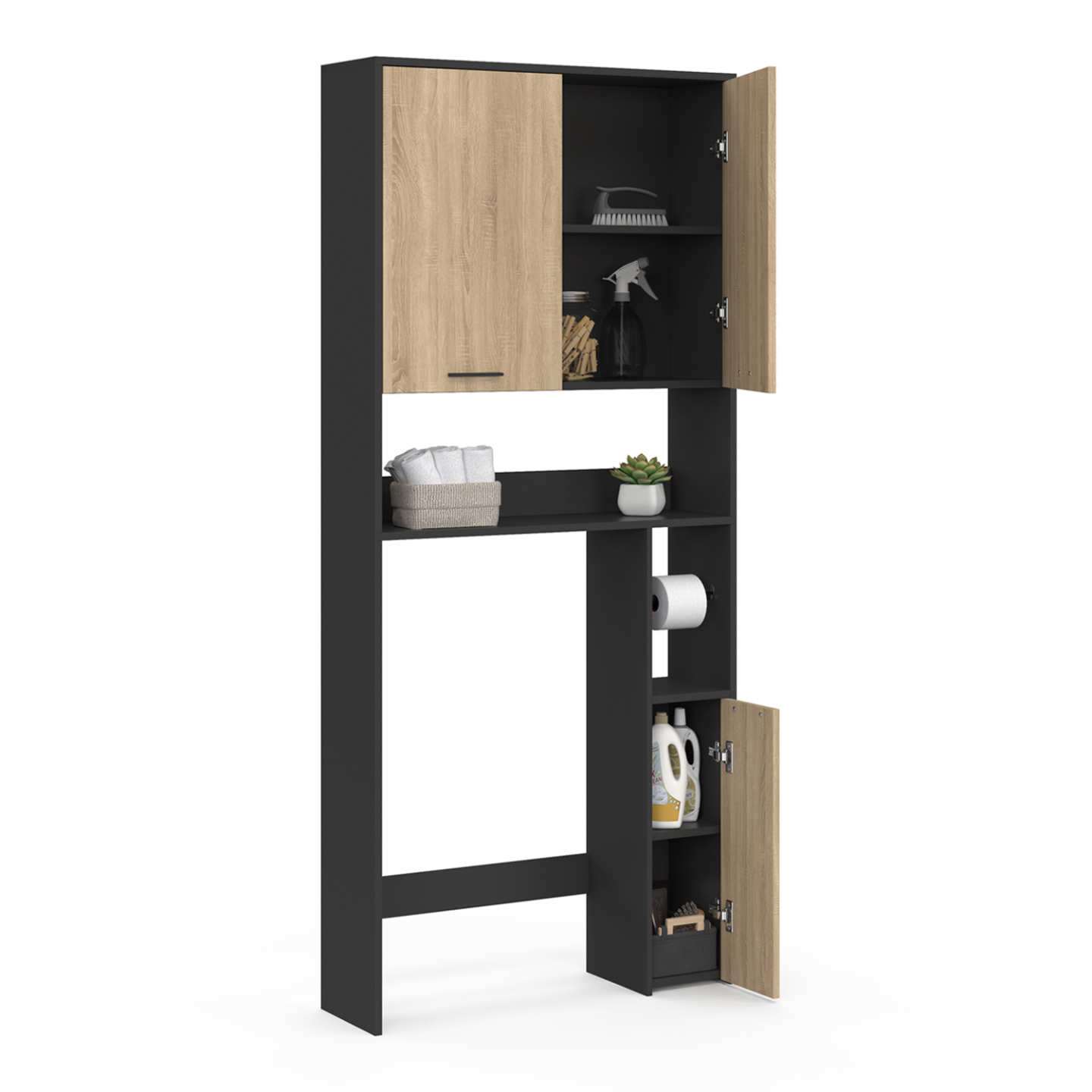 Meuble étagère dessus WC WALLIS noir et bois façon hêtre - Image 4