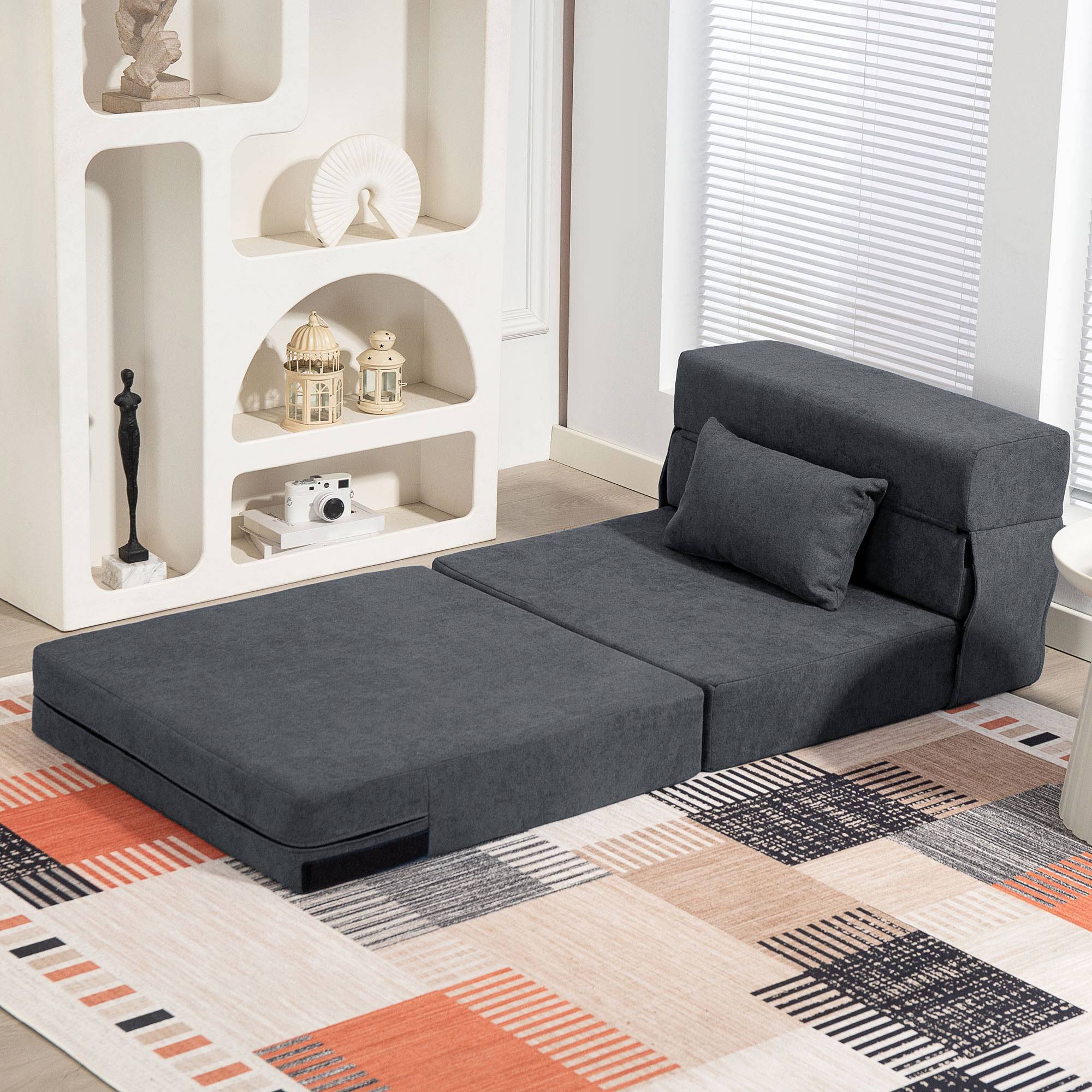 Canapé de sol, canapé rembourré, convertible en matelas, mousse, coussins, gris foncé - Image 9
