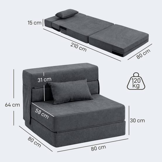 Canapé de sol, canapé rembourré, convertible en matelas, mousse, coussins, gris foncé - Image 5