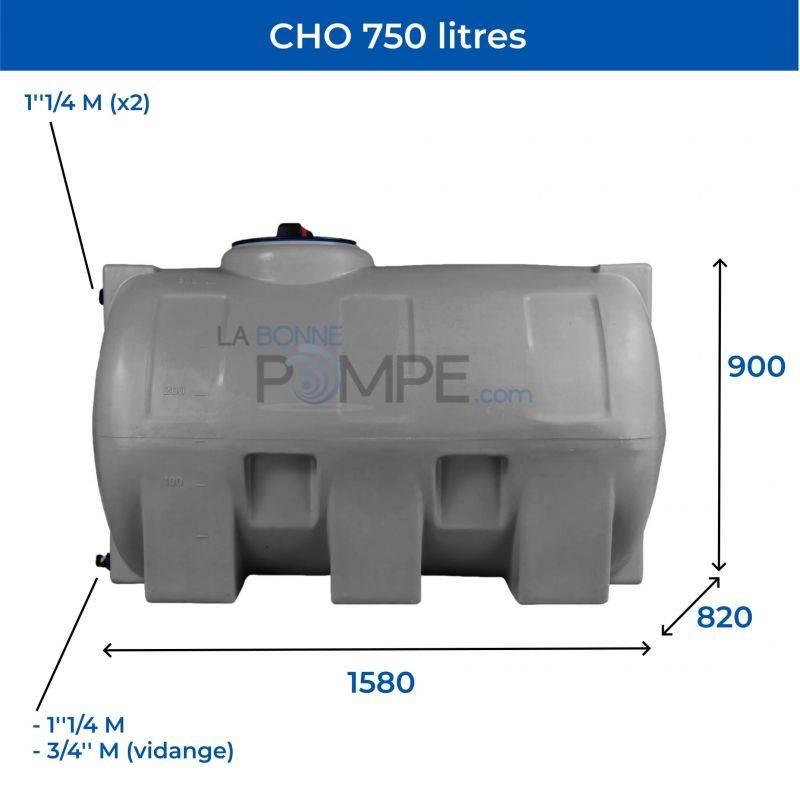 Cuve récupération eau de pluie 750L - Réservoir aérien horizontal Gris - Polyéthylène - ELBI CHO - Image 2