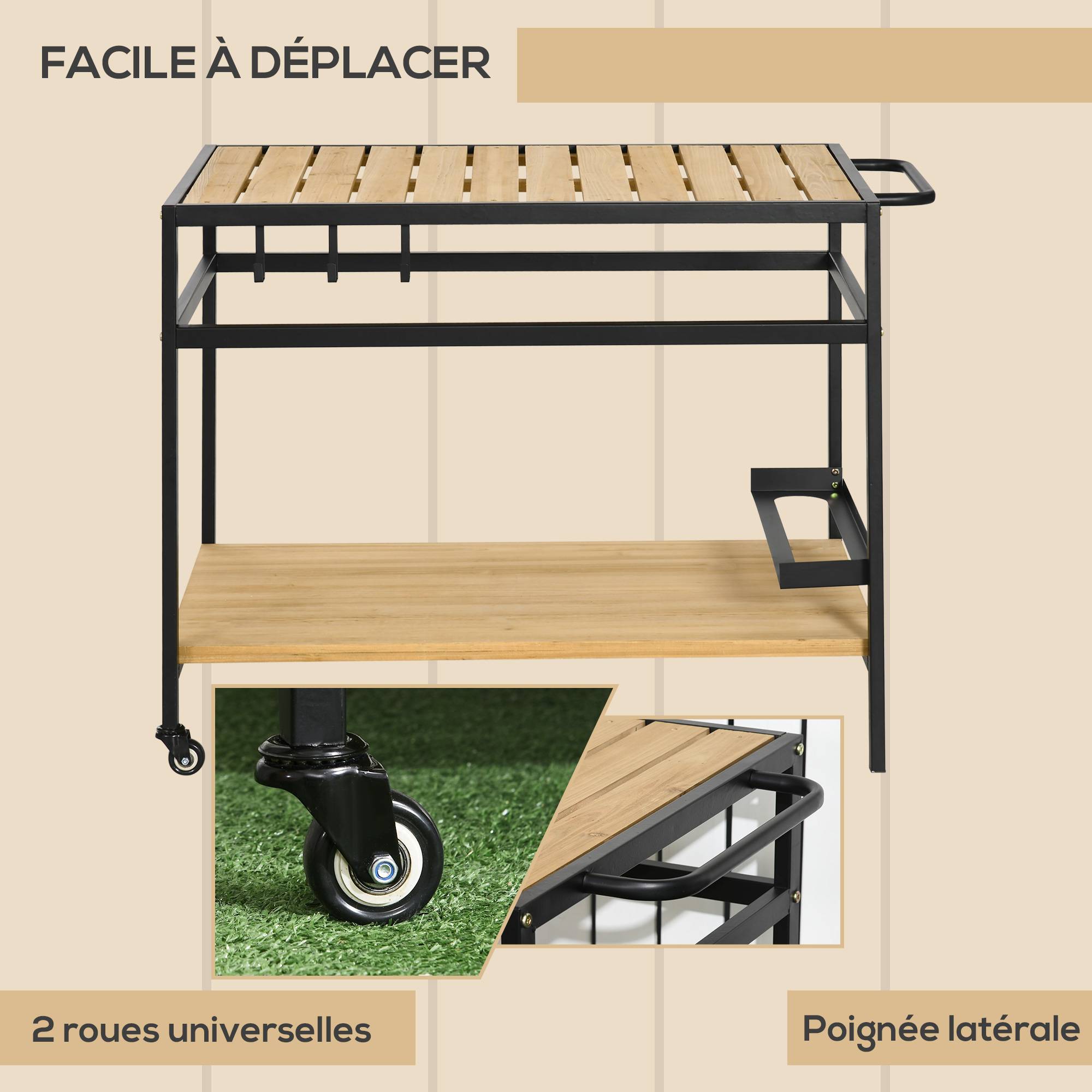 ComfortXL - Desserte de jardin métal pour plancha barbecue avec 2 étagères et roulettes 107cm naturel - ComfortXL Outdoor Living - Image 7