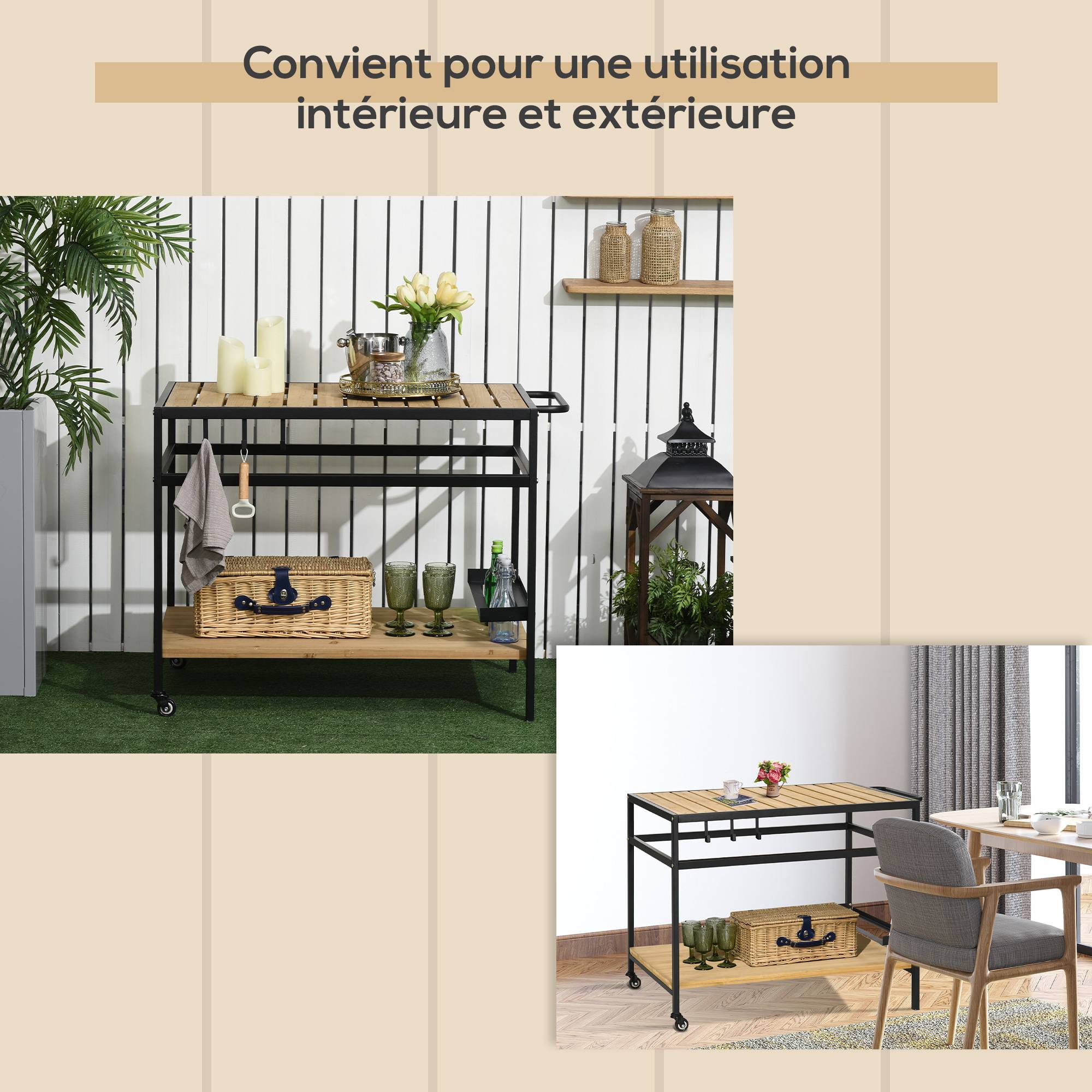 ComfortXL - Desserte de jardin métal pour plancha barbecue avec 2 étagères et roulettes 107cm naturel - ComfortXL Outdoor Living - Image 9
