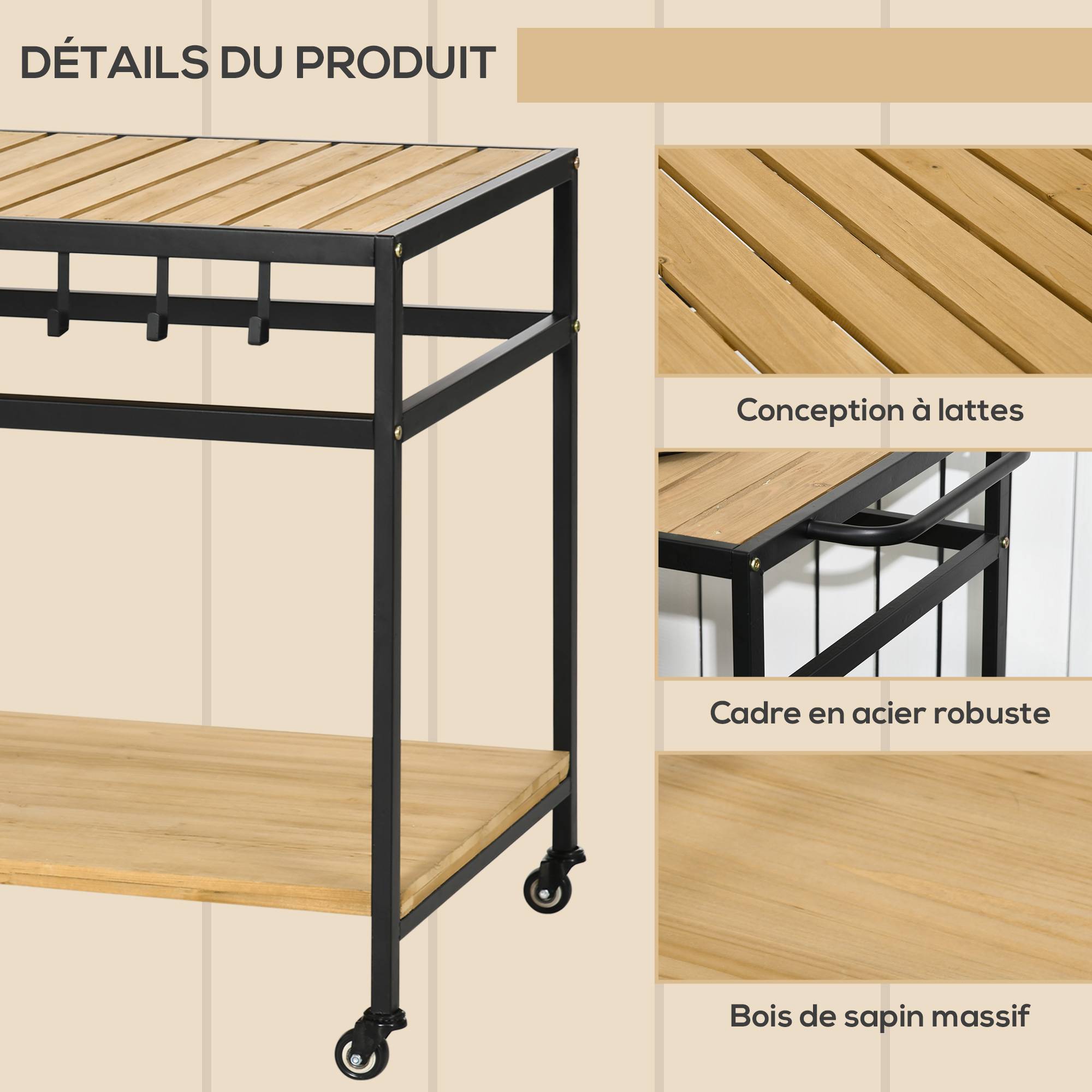 ComfortXL - Desserte de jardin métal pour plancha barbecue avec 2 étagères et roulettes 107cm naturel - ComfortXL Outdoor Living - Image 8