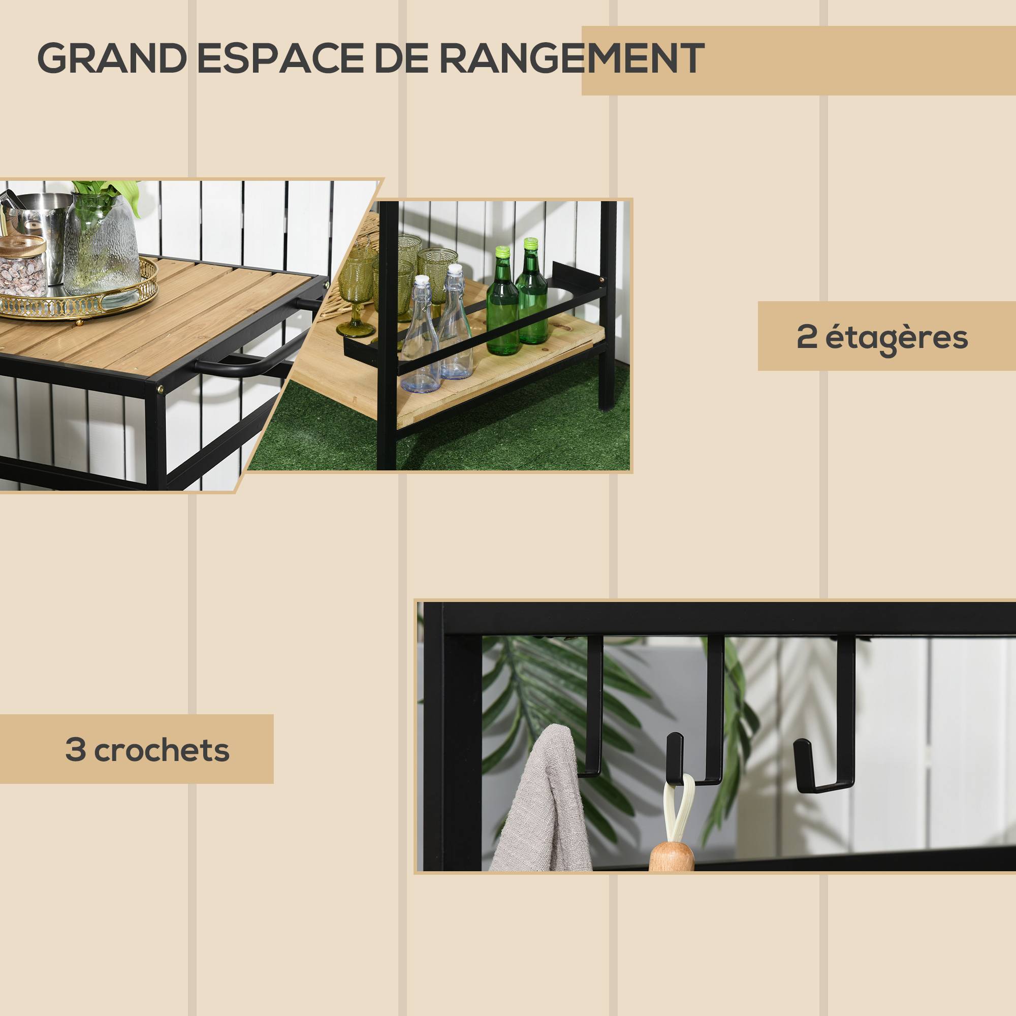 ComfortXL - Desserte de jardin métal pour plancha barbecue avec 2 étagères et roulettes 107cm naturel - ComfortXL Outdoor Living - Image 6