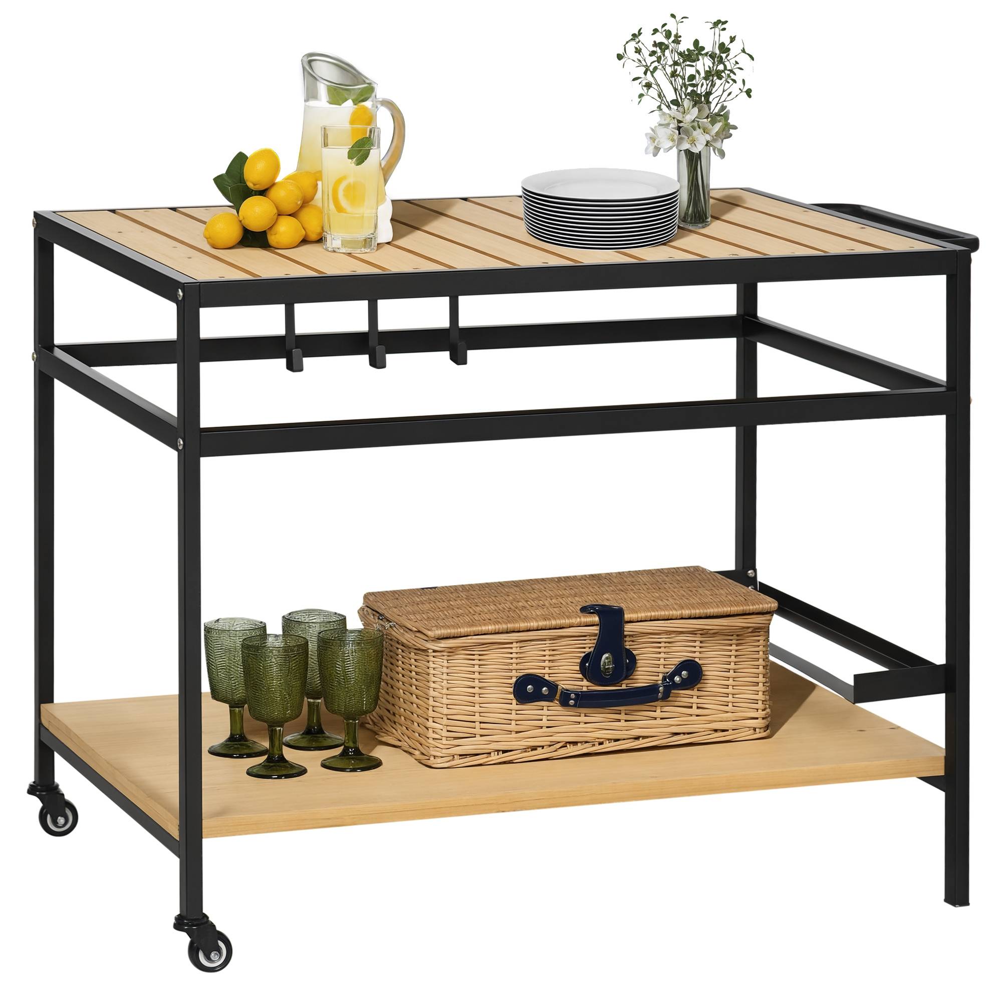 ComfortXL - Desserte de jardin métal pour plancha barbecue avec 2 étagères et roulettes 107cm naturel - ComfortXL Outdoor Living - Image 1