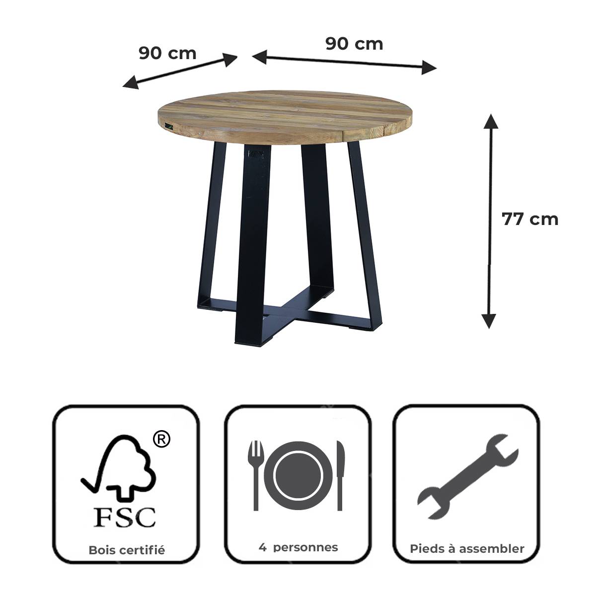 Table métal anthracite et teck recyclé D 90 cm Orsay - Gecko Jardin - Image 7