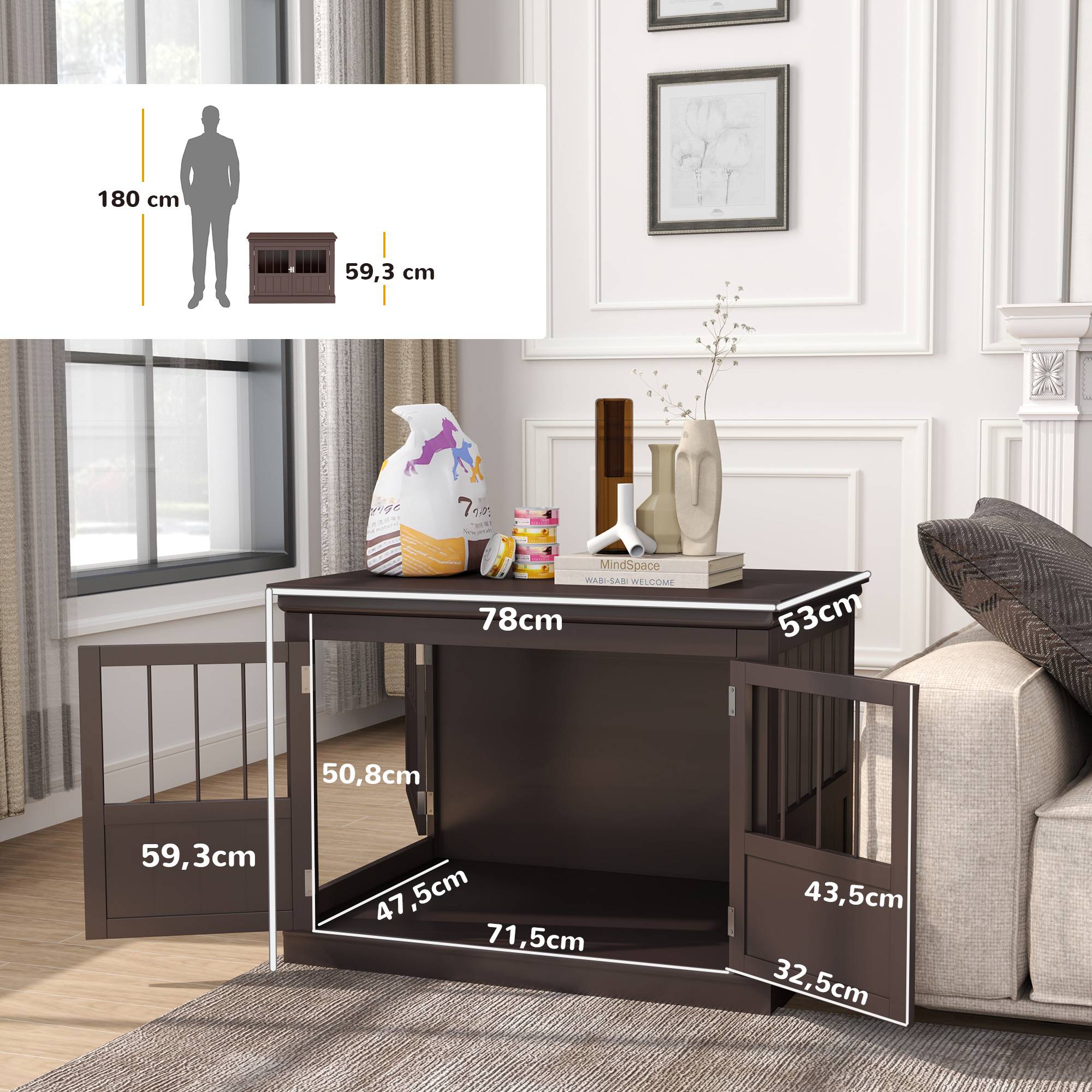 Cage pour petit chien, table d'appoint moderne, 3 portes, fermeture magnétique, 78x53x59,3 cm, café - Image 5