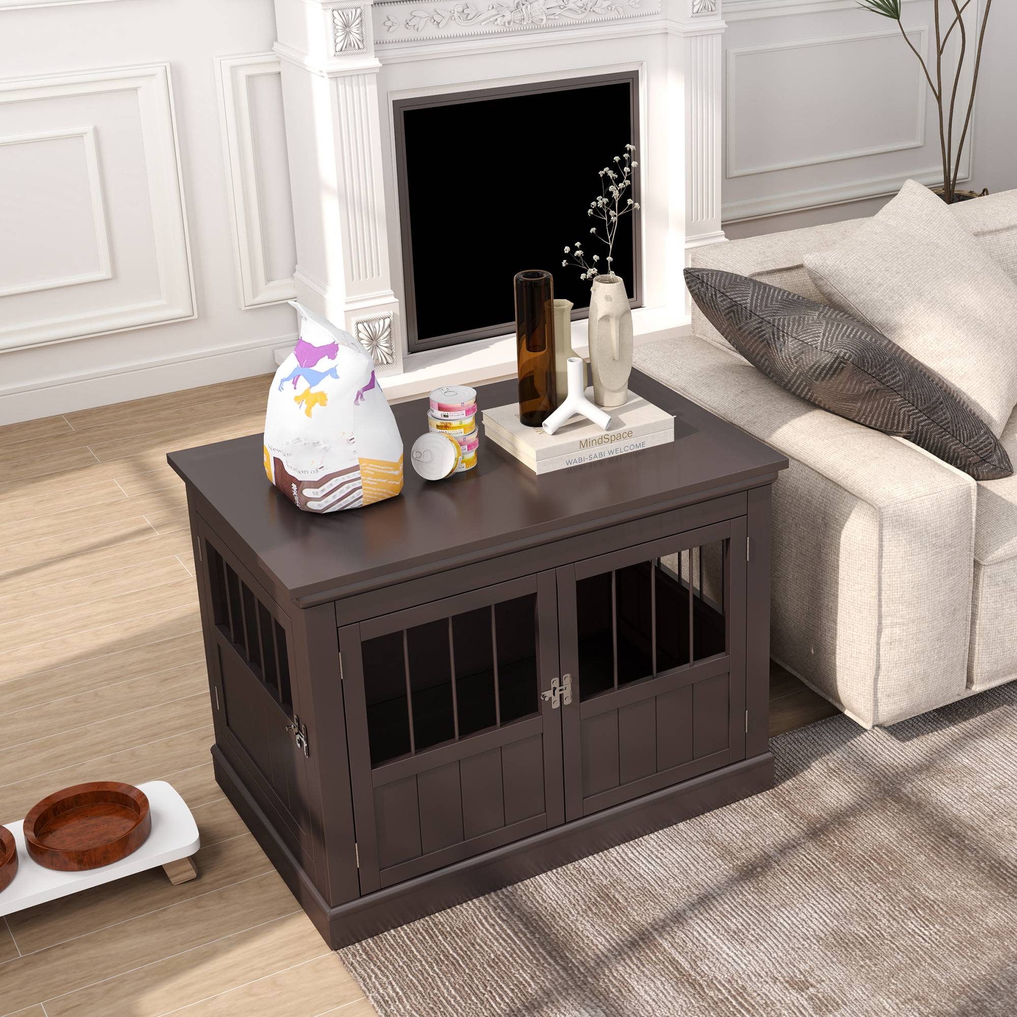 Cage pour petit chien, table d'appoint moderne, 3 portes, fermeture magnétique, 78x53x59,3 cm, café - Image 10